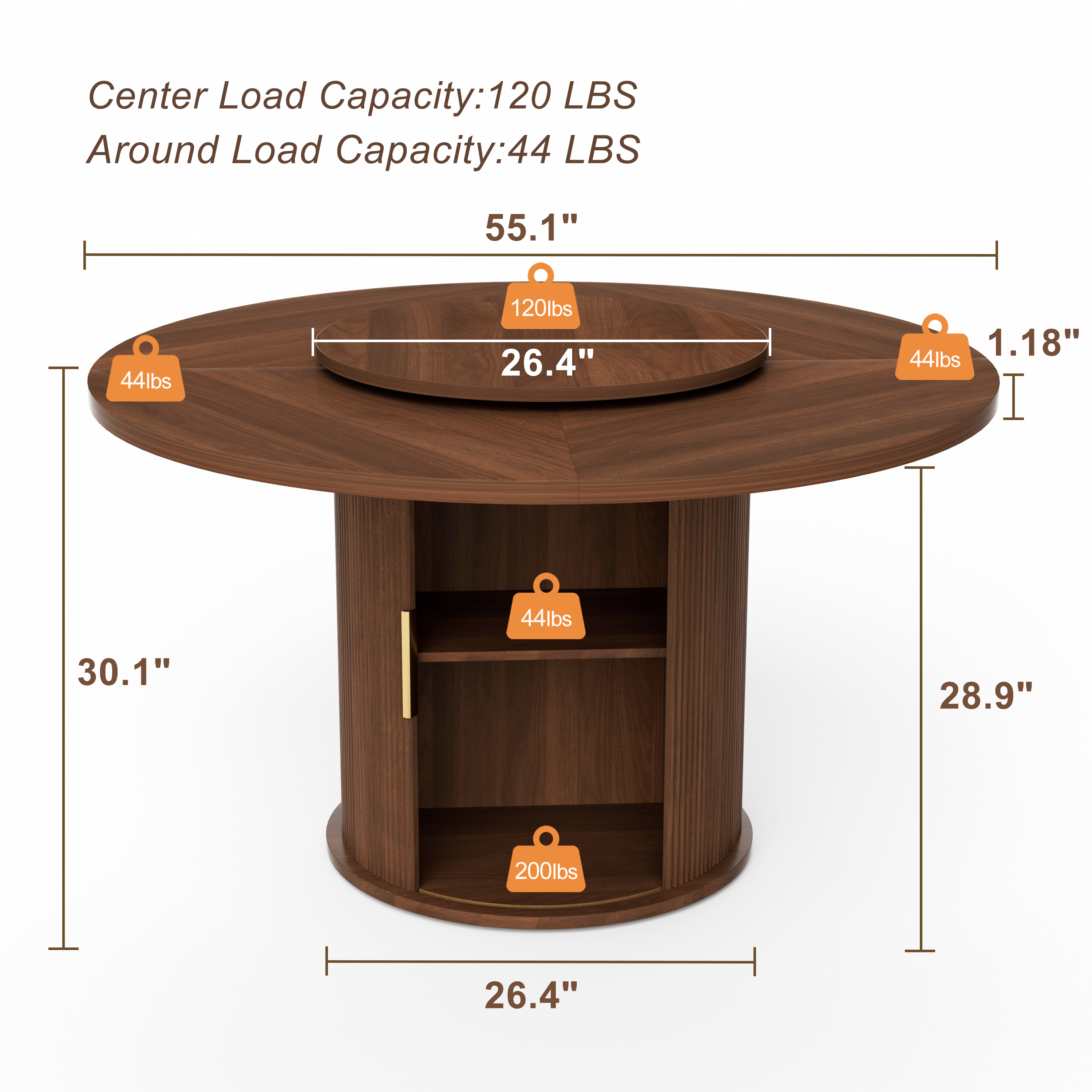 55-inch round dining table for six, featuring a double-tiered storage rack and a rotating tabletop tray. Wooden wavy-striped sliding doors. Ideal for home dining room living room (Walnut).