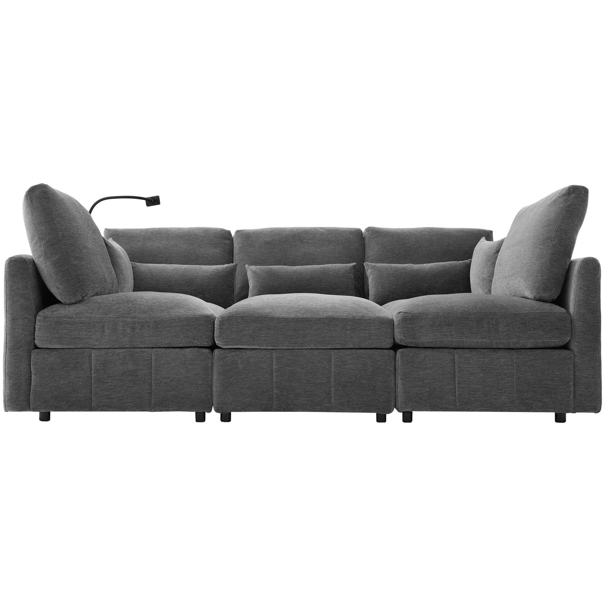 Modern Sectional Sofa Modular Sofa with Movable Ottoman, USB Ports & Phone Holder, Grey Chenille, 85.4'