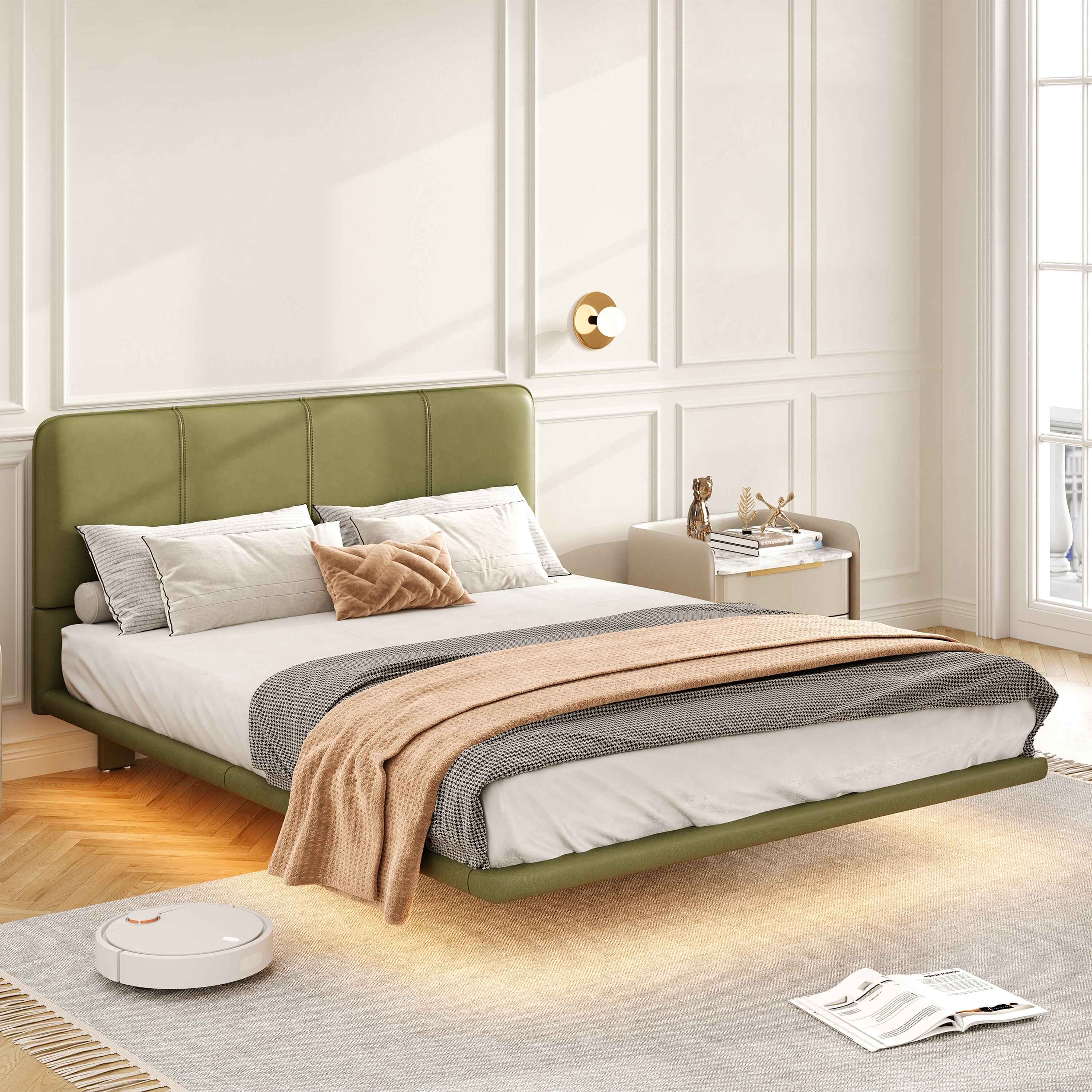 Floating Bed Frame with LED Light, Modern PU Leather Platform Bed, No Boxing Spring Needed, Assemble Easily, Full Size