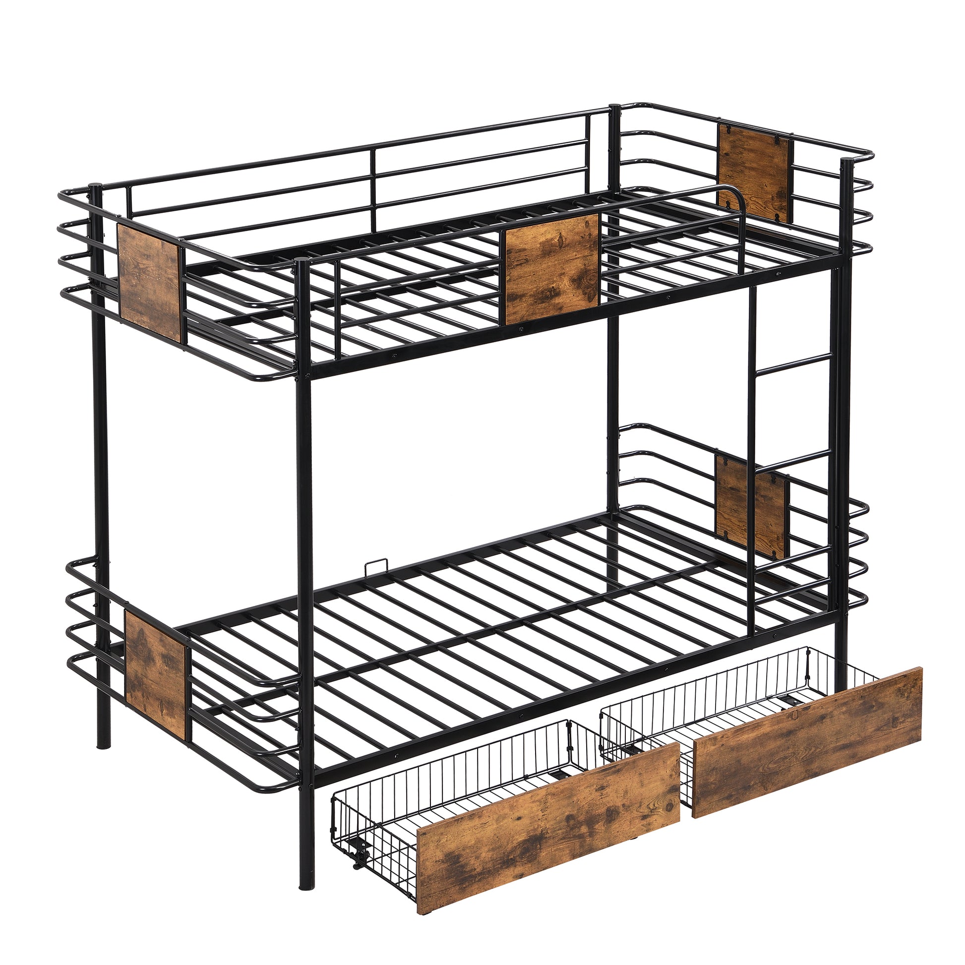 Twin XL over Twin XL Metal Bunk Bed with MDF Board Guardrail and Two Storage Drawers,Black - Abrihome