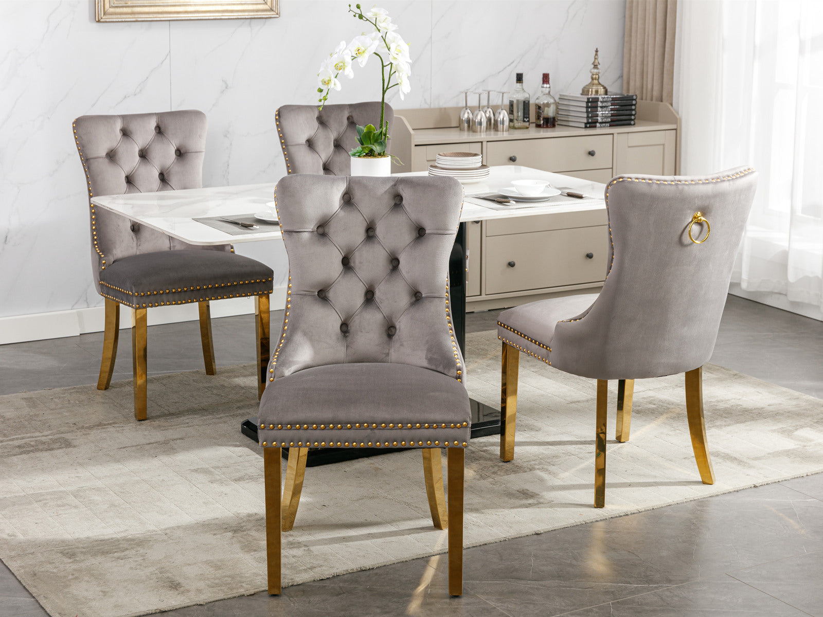 Nikki Collection Modern, High-end Tufted Solid Wood Contemporary Velvet Upholstered Dining Chair with Golden Stainless Steel Plating Legs,Nailhead Trim,Set of 2,Gray and Gold, SW1601GY