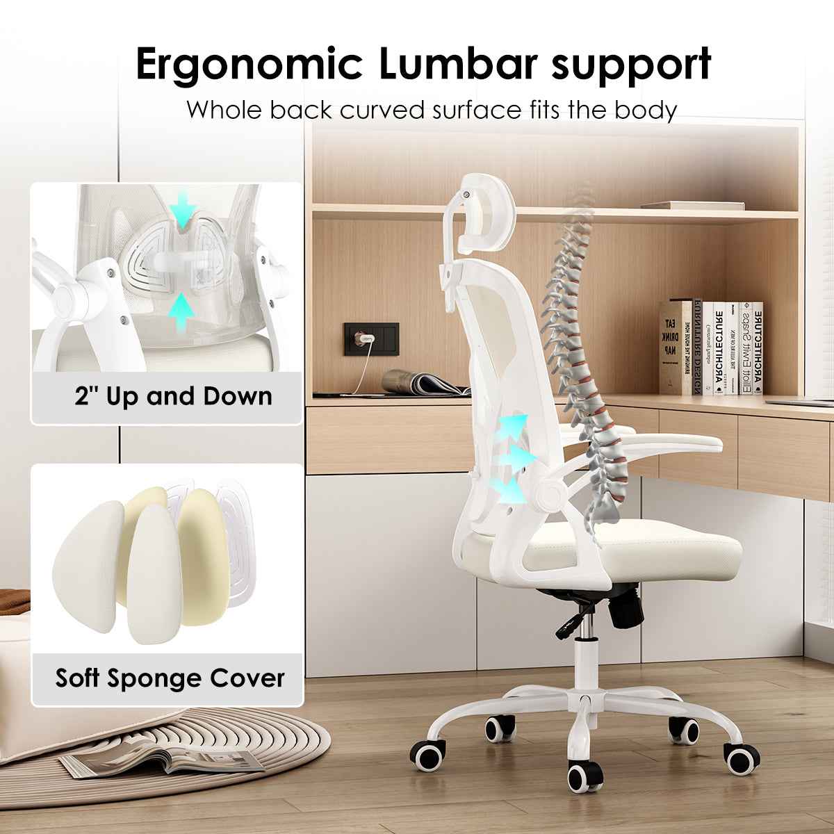 Ergonomic Office Chair, Home Office Desk Chair with Headrest, High Back Computer Chair with Armrests and Adjustable Lumbar Support for Home Office Study Room,White & White