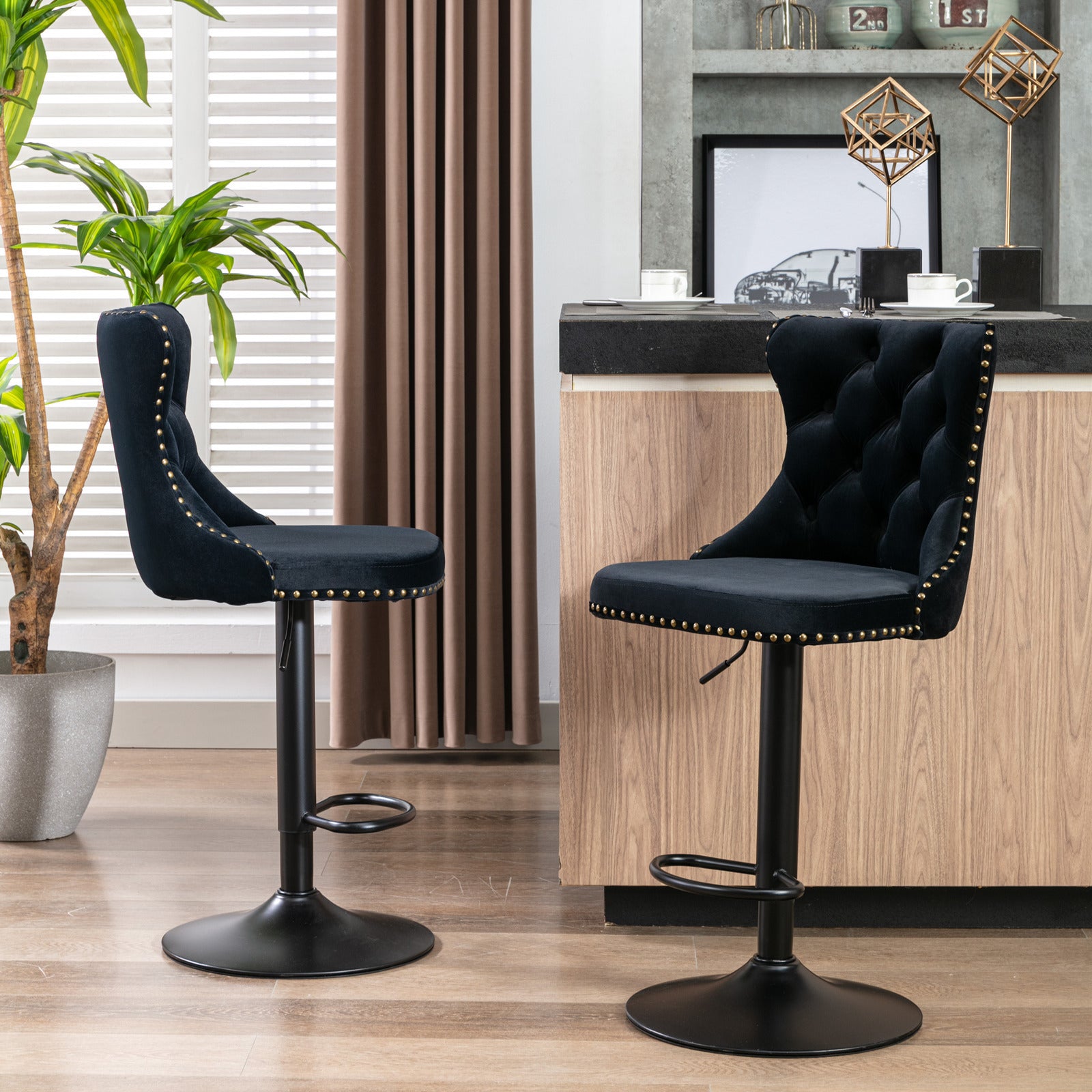 A&A Furniture,Swivel Velvet Barstools Adjusatble Seat Height from 25-33 Inch,17.7 inch base, Modern Upholstered Bar Stools with Backs Comfortable Tufted for Home Pub and Kitchen Island,Black,Set of 2