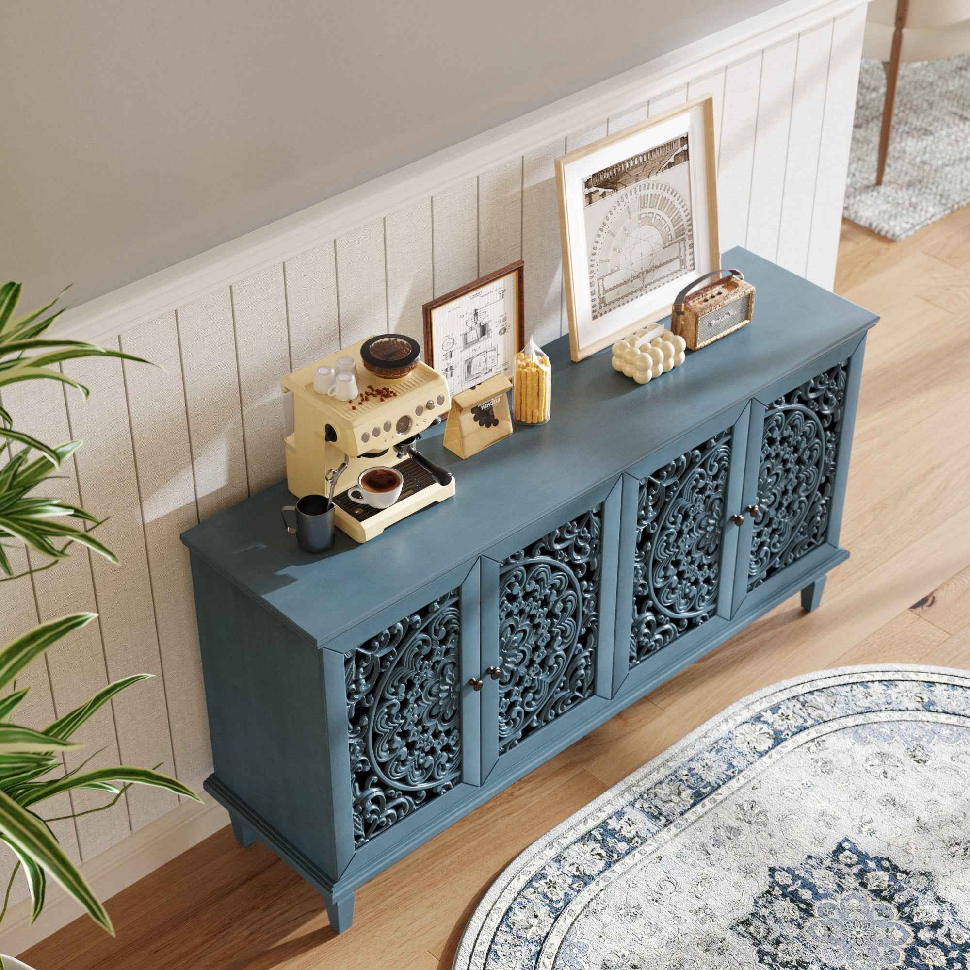 60' Antique Buffet Cabinet with Floral Carvings with Solid Wood Legs&Antique Brass Handles&Adjustable Shelves, TV Stand for 65''+ TV, Sideboard for Living Room,Dining Room (Antique Blue)