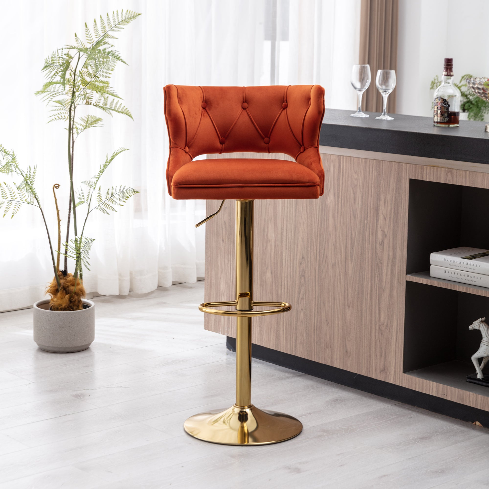 Bar Stools With Back and Footrest Counter Height Dining Chairs-Velvet Orange-2PCS/SET