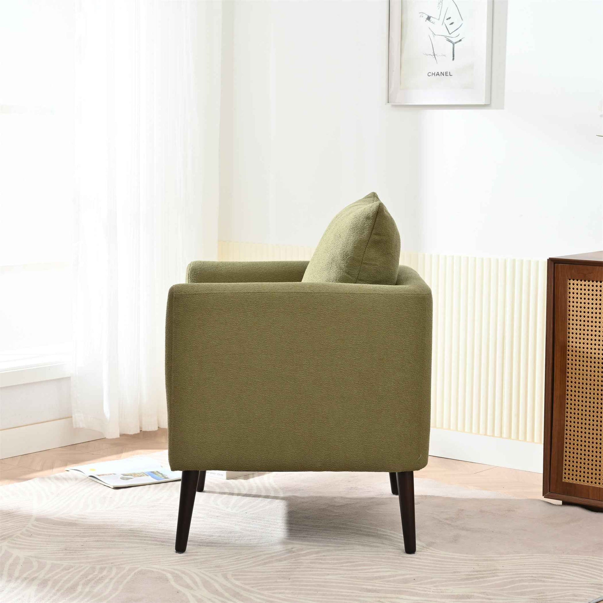 Modern Fabric Accent Chair, Upholstered Armchair for Living Room, Mid Century Fabric Lounge Chair w/Pillow, Comfortable Reading Chair with Wood Legs for Living Room, Bedroom, Reception Room (Olive)