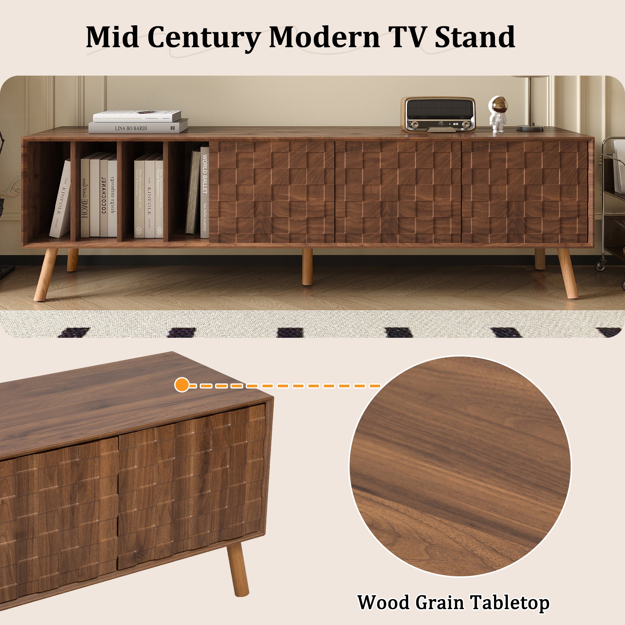 70' Mid-Century Modern TV Stand, Media Console Table for TVs up to 80'', Entertainment Center with 5 Solid Wood Legs for Living Room, Bedroom - Abrihome