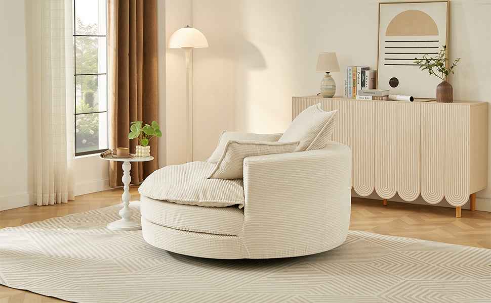 Accent Barrel Chair 360° Swivel Sofa Chair with Dual-layer Cushion and 3 Removable Pillows, Beige Corduroy, 57.5'
