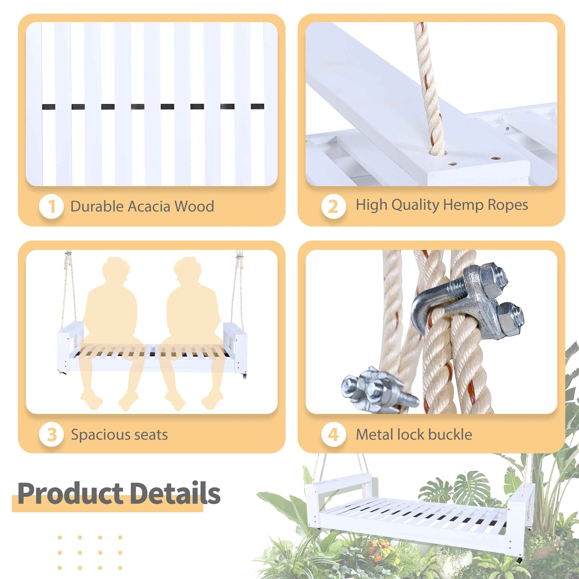 TOPMAX Twin Size Porch Swing Bed Seating Group, Patio Acacia Wood Swing Frame with Hemp Ropes for Garden, Backyard, White