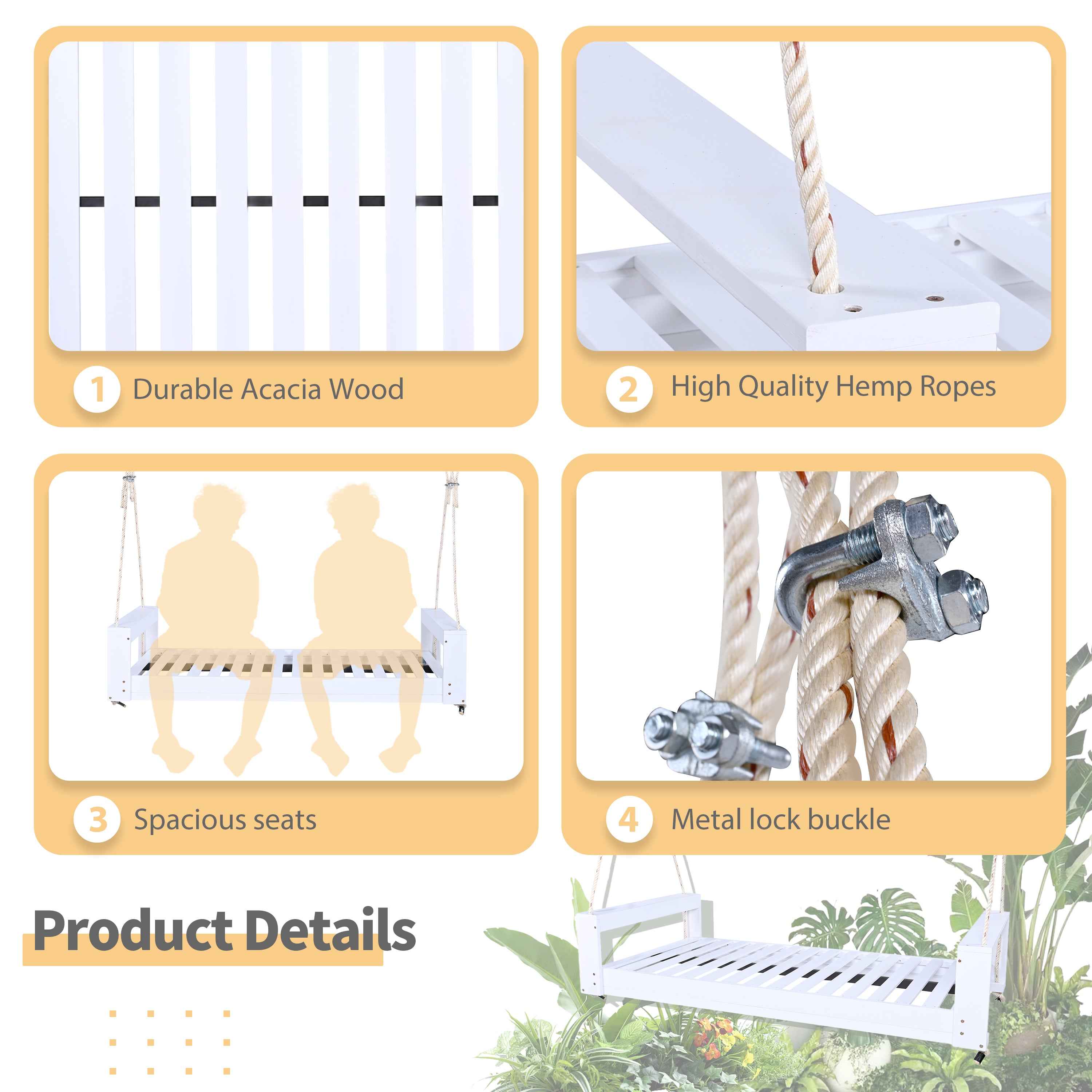 TOPMAX Twin Size Porch Swing Bed Seating Group, Patio Acacia Wood Swing Frame with Hemp Ropes for Garden, Backyard, White