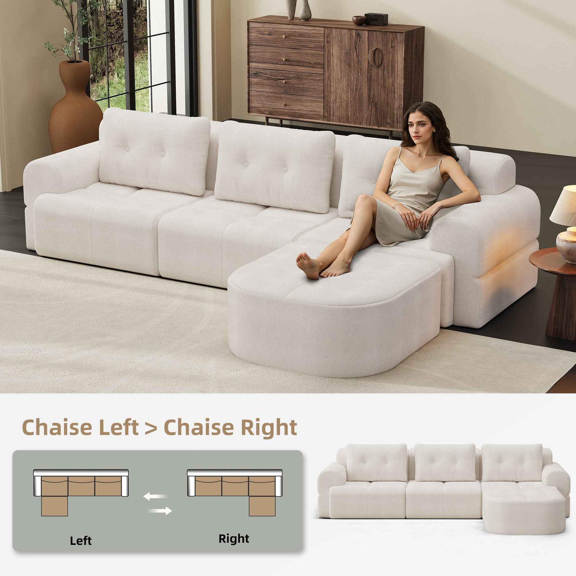 Modular Sectional Sofa Couch with Chaise, Full-Foam Structure, Compression Packaging Design, Woven Texture Upholstery, Oversized Modern Sofa for Living Room
