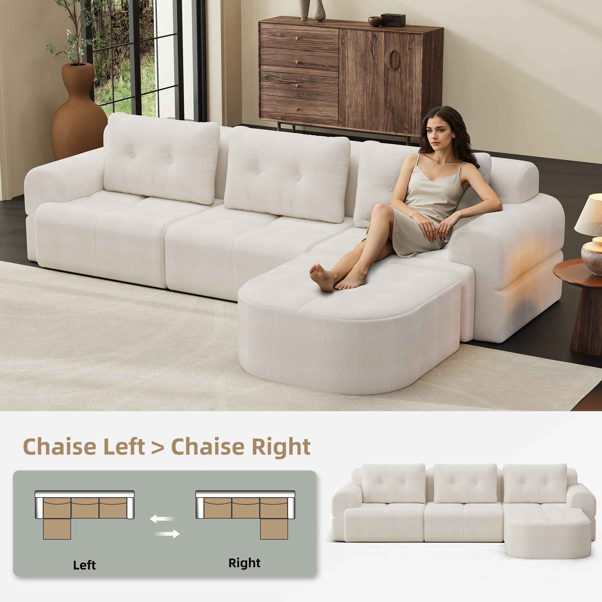 Modular Sectional Sofa Couch with Chaise, Full-Foam Structure, Compression Packaging Design, Woven Texture Upholstery, Oversized Modern Sofa for Living Room