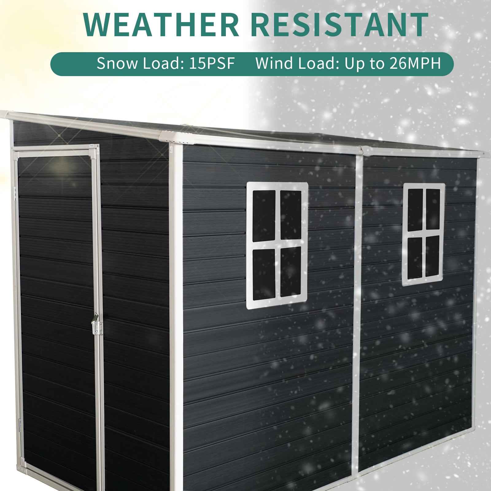 8x4ft Outdoor Resin Garden Shed with Floor and 2 Windows, Plastic Patio Outdoor Storage Shed with Lockable Door for Garden Tools, Bicycles, Trash Cans, Black
