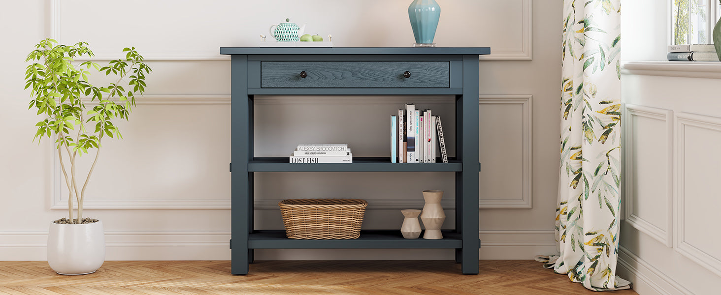 TREXM Retro Console Table with Drawer and Two Sturdy Shelves for Entryway, Living Room (Navy)