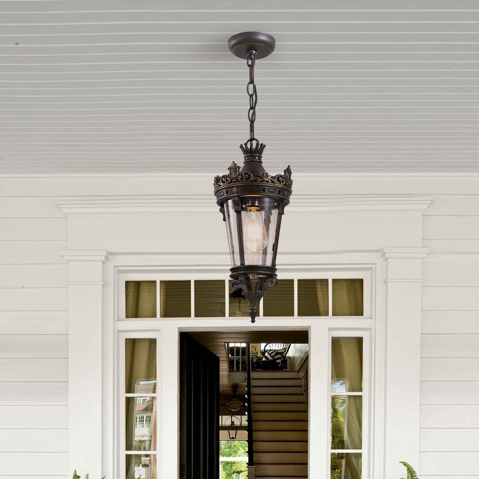 18'(H) Antique Crown Outdoor Hanging Lantern, Waterproof Vintage Pendant Light with Ornate Metal Design and Clear Glass for Patio, Garden, Porch, Entryway Lighting (One piece&No bulb)