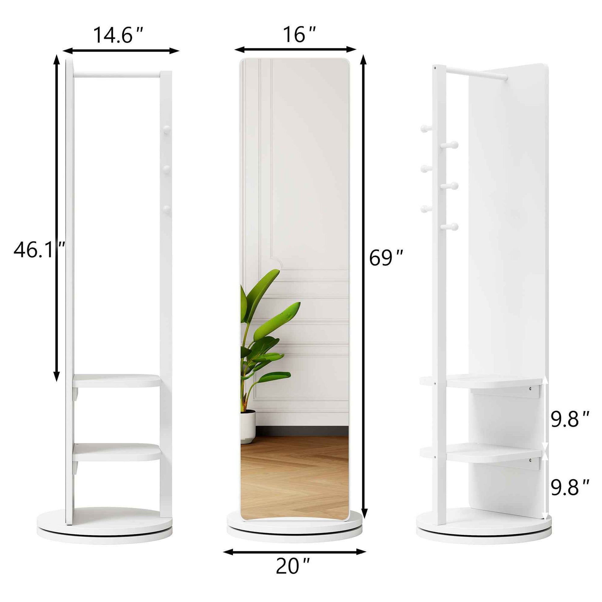 360° Rotating 69'x20' Multifunctional Full Length Mirror with Hook Storage Rack Coat Rack with Mirror Solid Wood Floor Mirror Bedroom Living Room Cloakroom Space Saving (white)