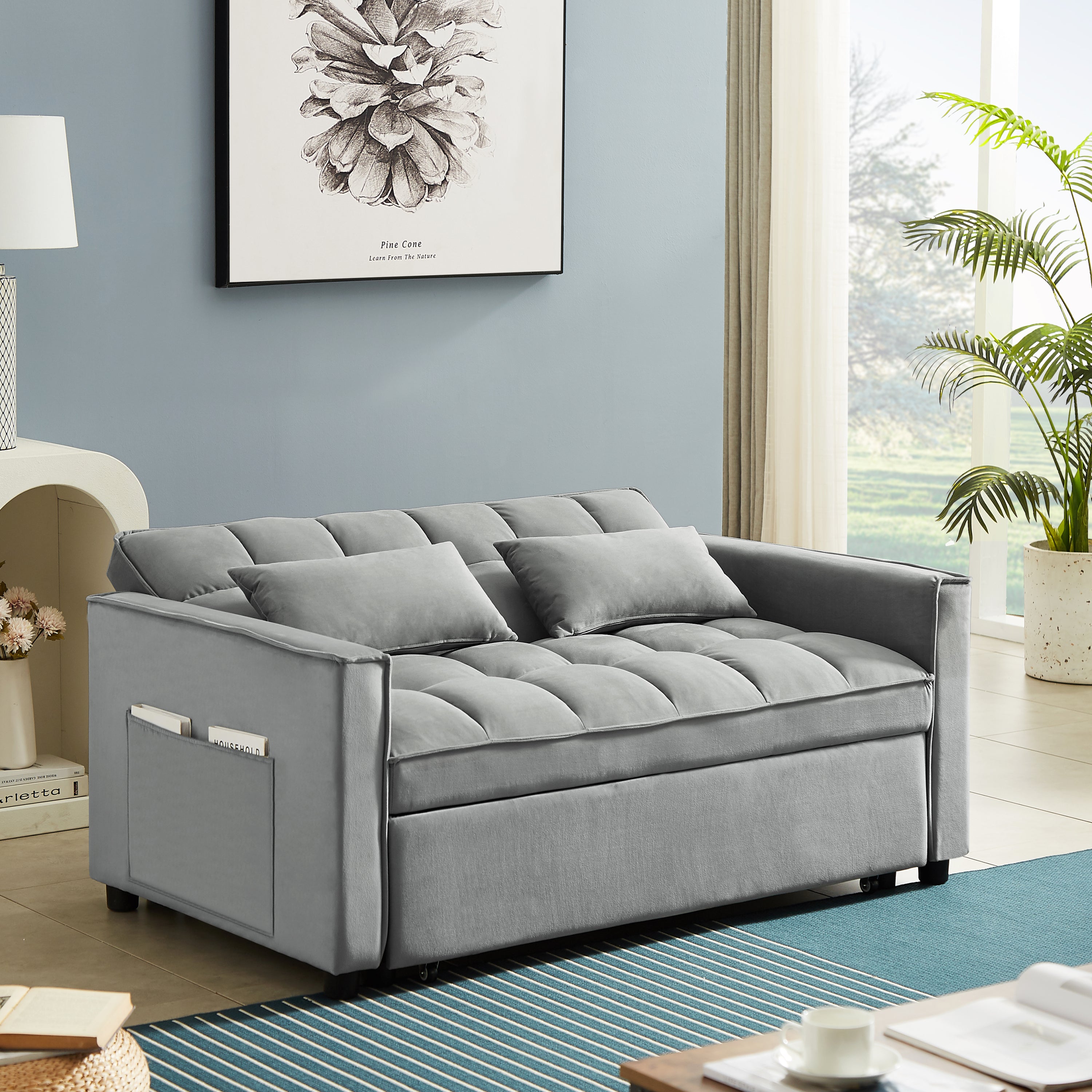 Modern Velvet Convertible Loveseat Sleeper Sofa Couch with Adjustable Backrest, 2 Seater Sofa With Pull-Out Bed with 2 Lumbar Pillows For Small Living Room & Apartment