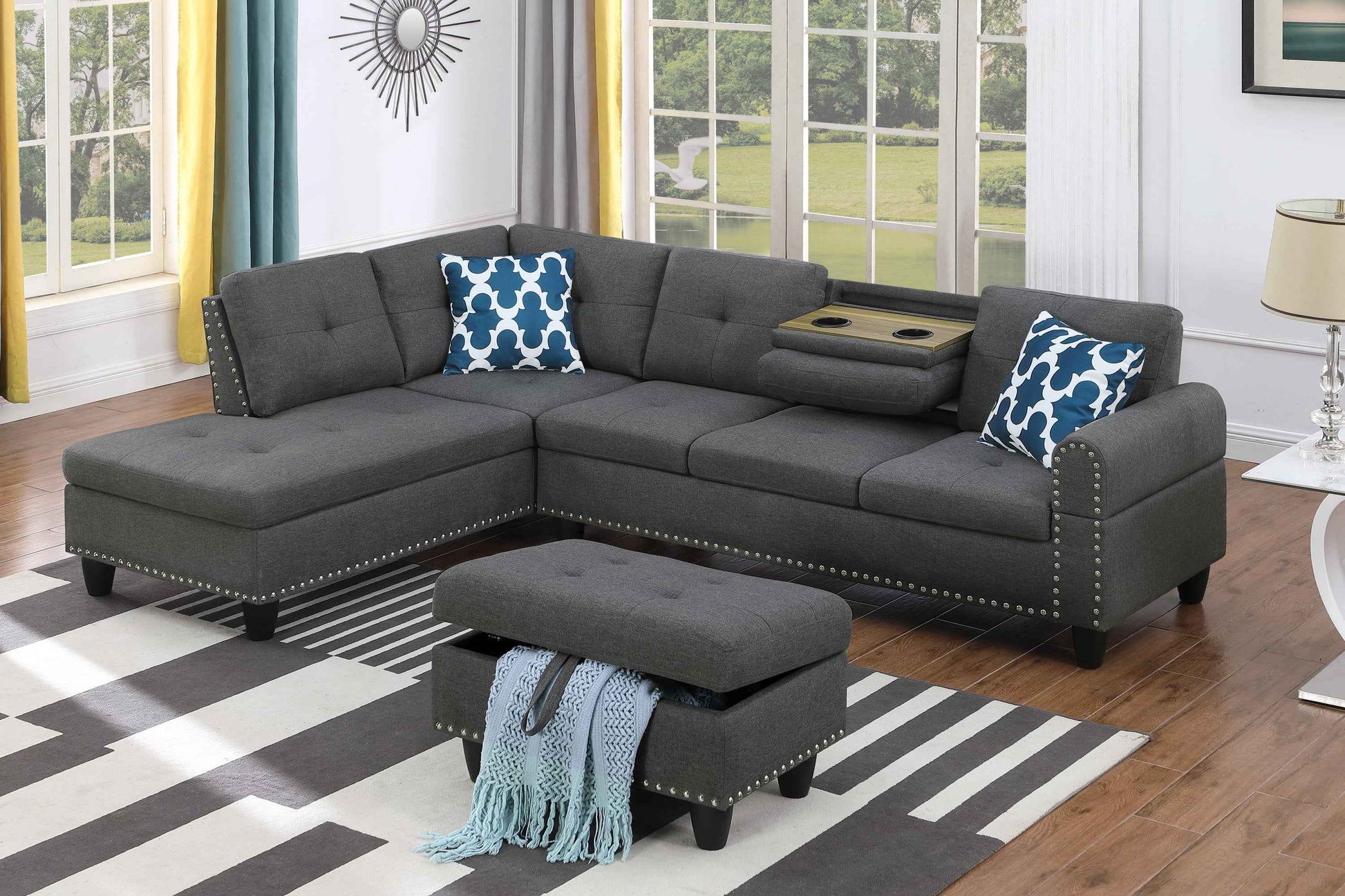 Cup - holder Console - Featured Corner Sofa in Charcoal - Dark Gray