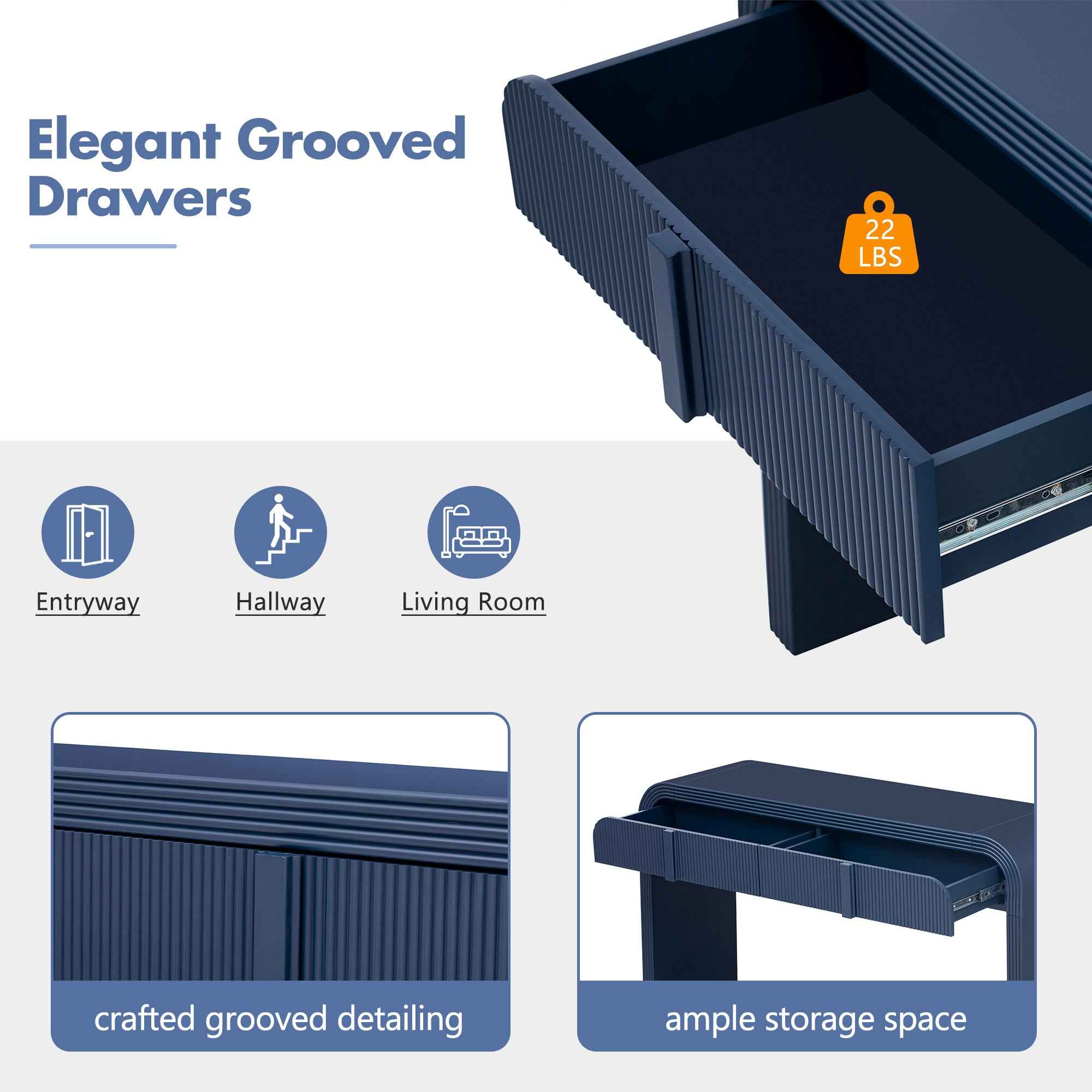 TREXM Modern Console Table with 2 Storage Drawers, Fluted Entryway Table with Rounded Silhouette for Hallway Living Room and Entryway (Navy Blue)