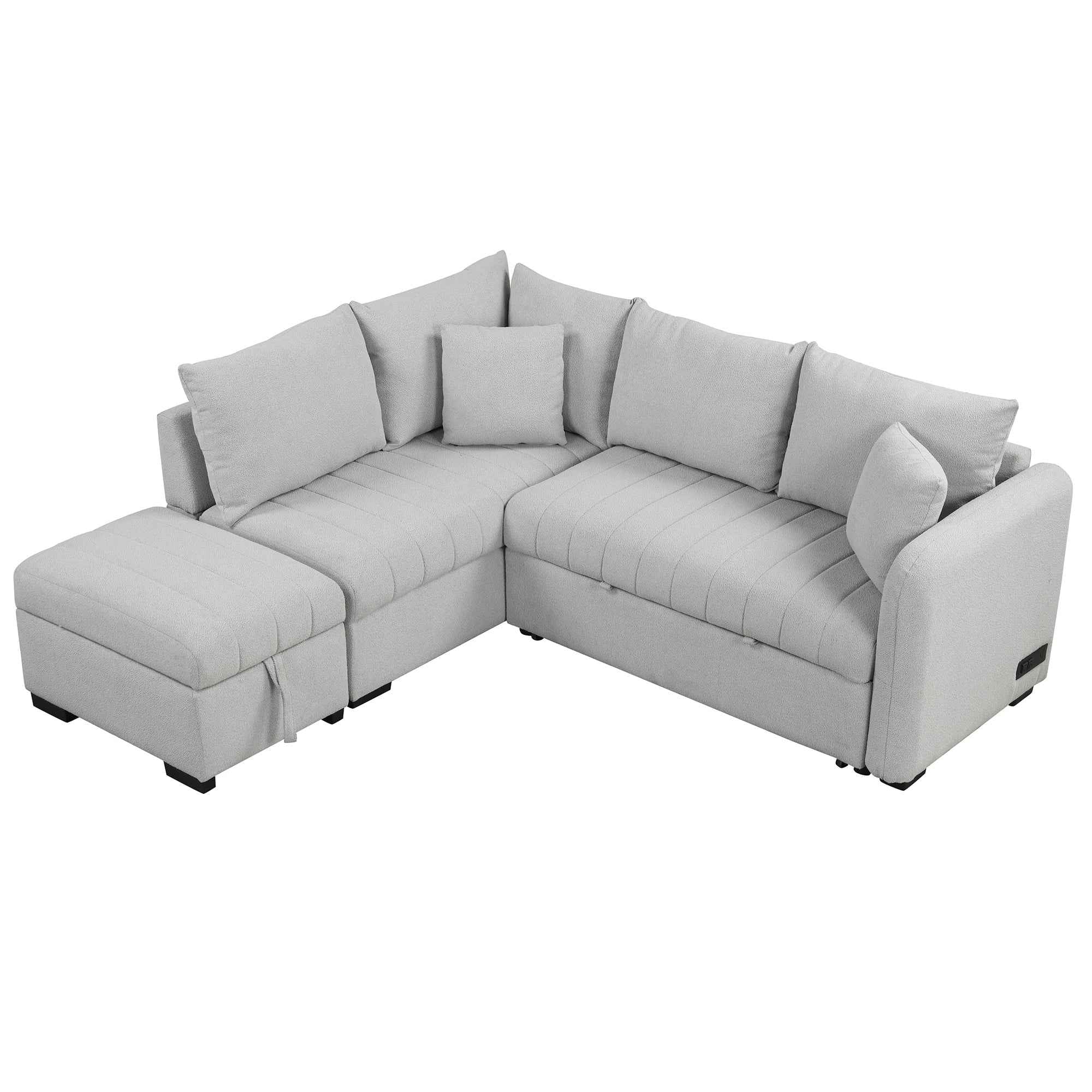 Modern L-shaped Sectional Pull Out Sofa Bed with USB Ports & Storage Ottoman, Gray Jacquard Fabric, 82.6'
