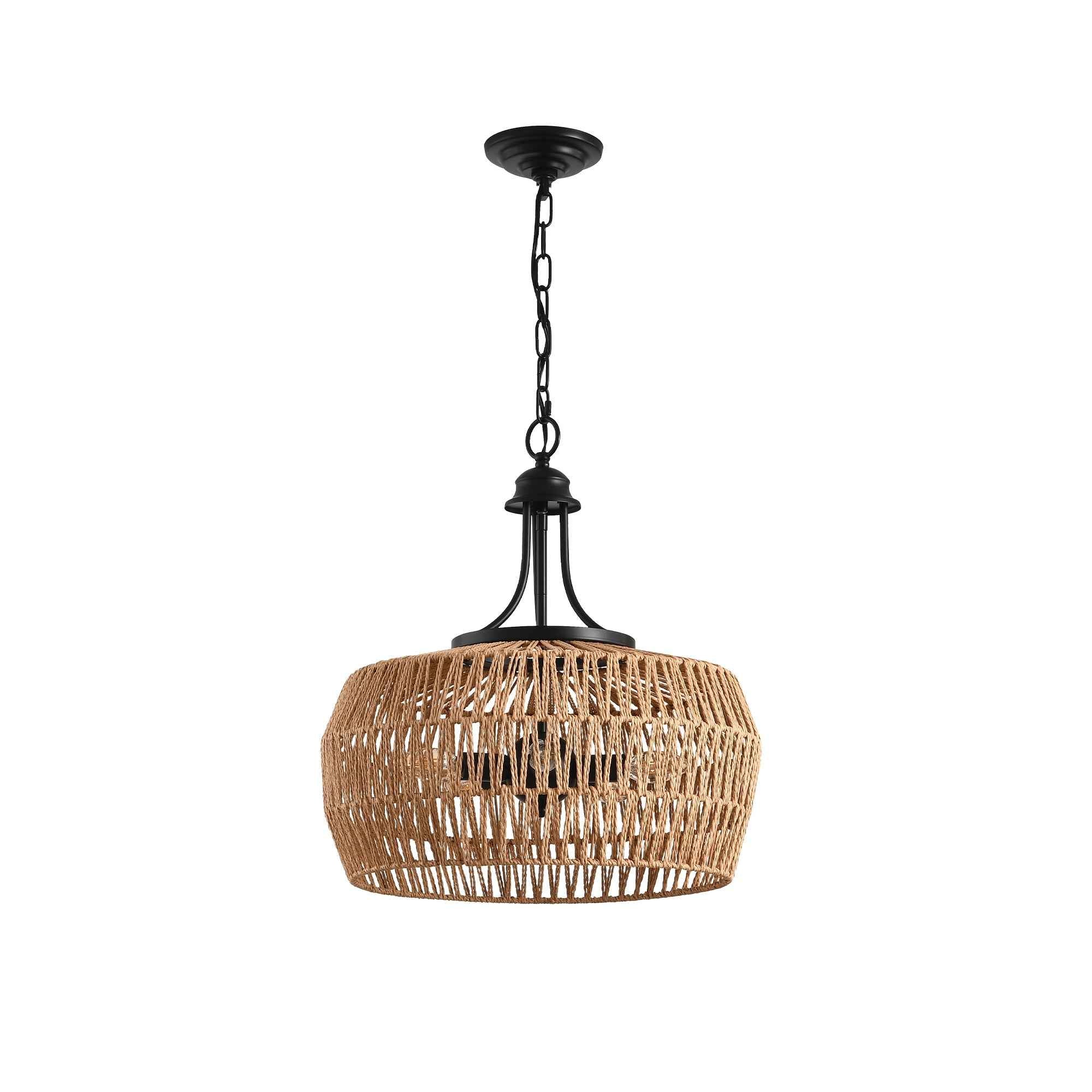 19' Boho Hemp Rope Pendant Light, Hand-Woven Jute Hanging Lamp with Adjustable Chain, Natural Rope Shade Ceiling Light Fixture for Kitchen Island, Dining Room, or Entryway (Bulb Not Included)