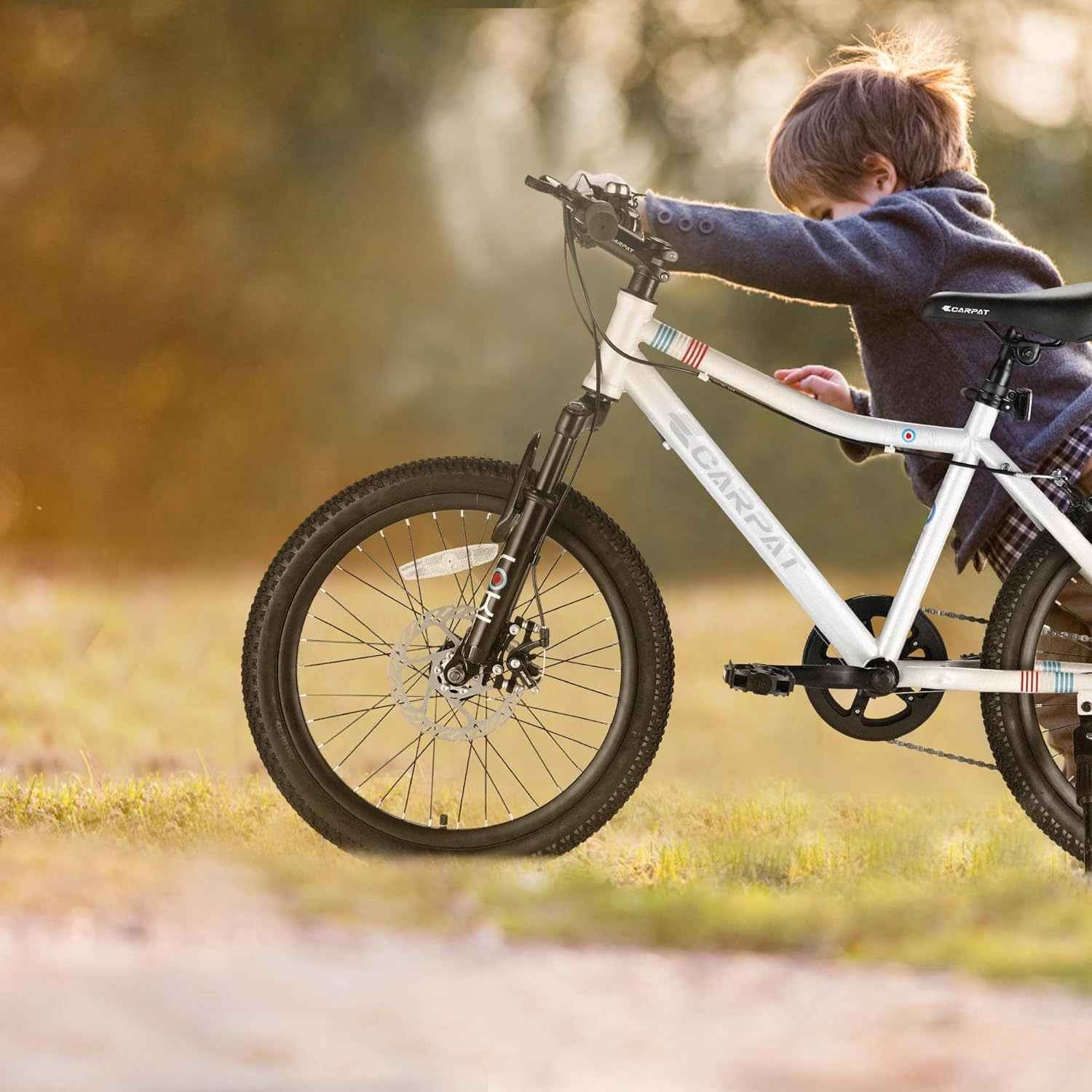 Ecarpat S20101 20 Inch Kids' Mountain Bike, 7 Speed, Front Suspension, White Steel Frame