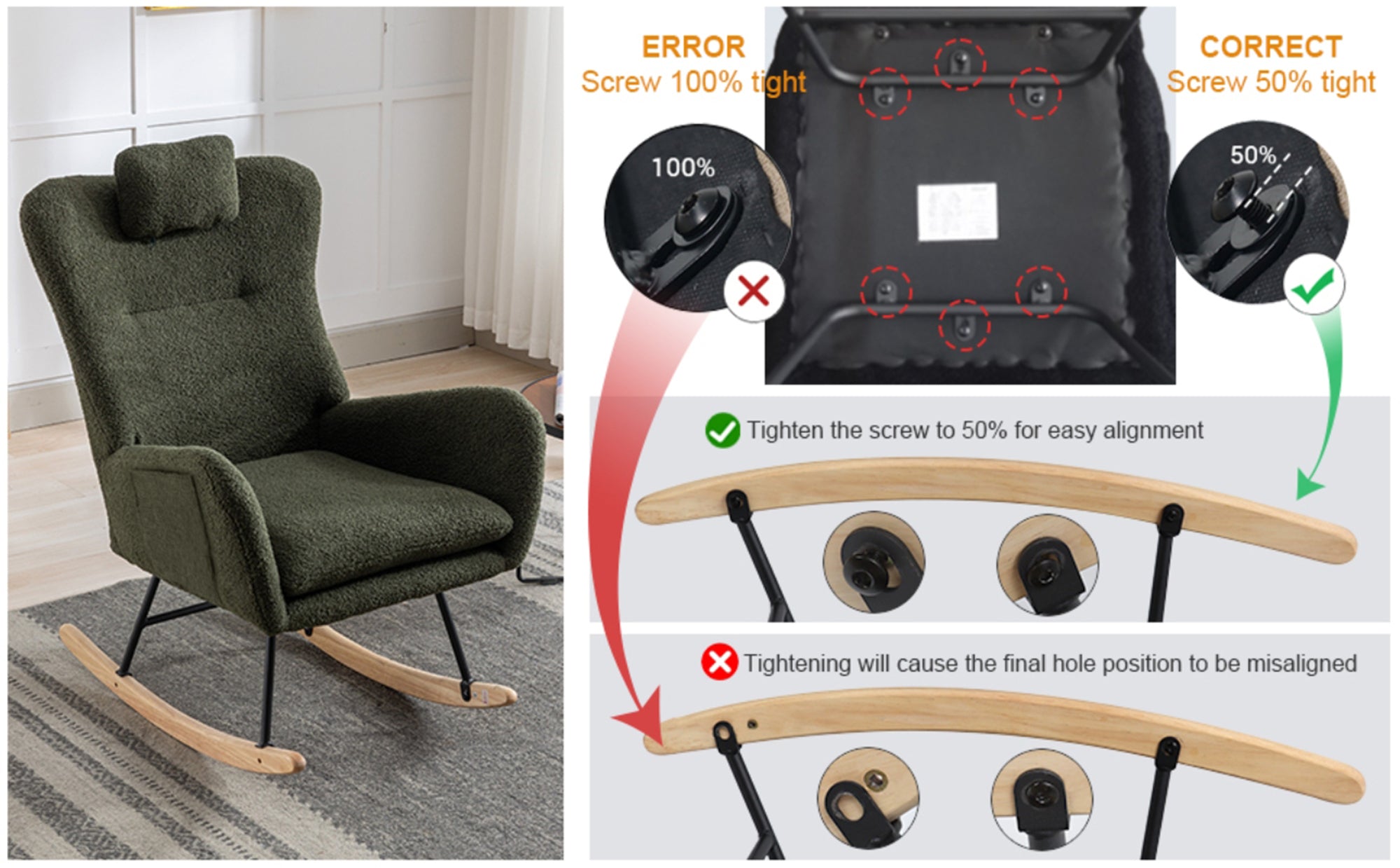 35.5 inch Rocking Chair with Pocket, Soft Teddy Fabric Rocking Chair for Nursery, Comfy Wingback Glider Rocker with Safe Solid Wood Base for Living Room Bedroom Balcony (dark green)