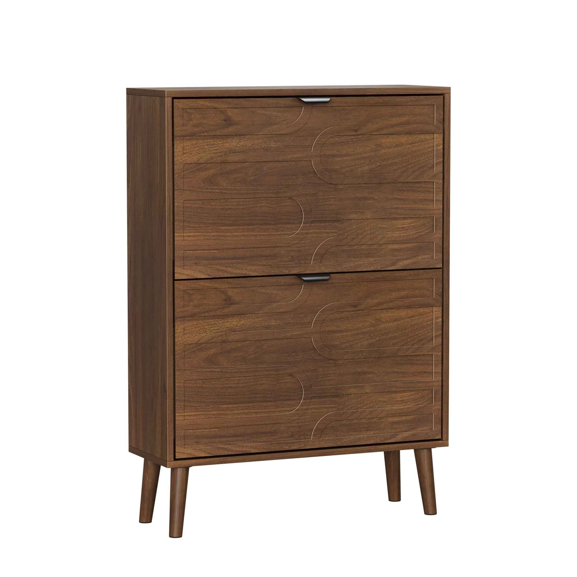 Medieval Modern Independent Shoe Cabinet, 23.62-inch Walnut Shoe Storage Cabinet,, Fence Shoe Cabinet with 2 Flip Drawers, Suitable For Corridors And Entrances