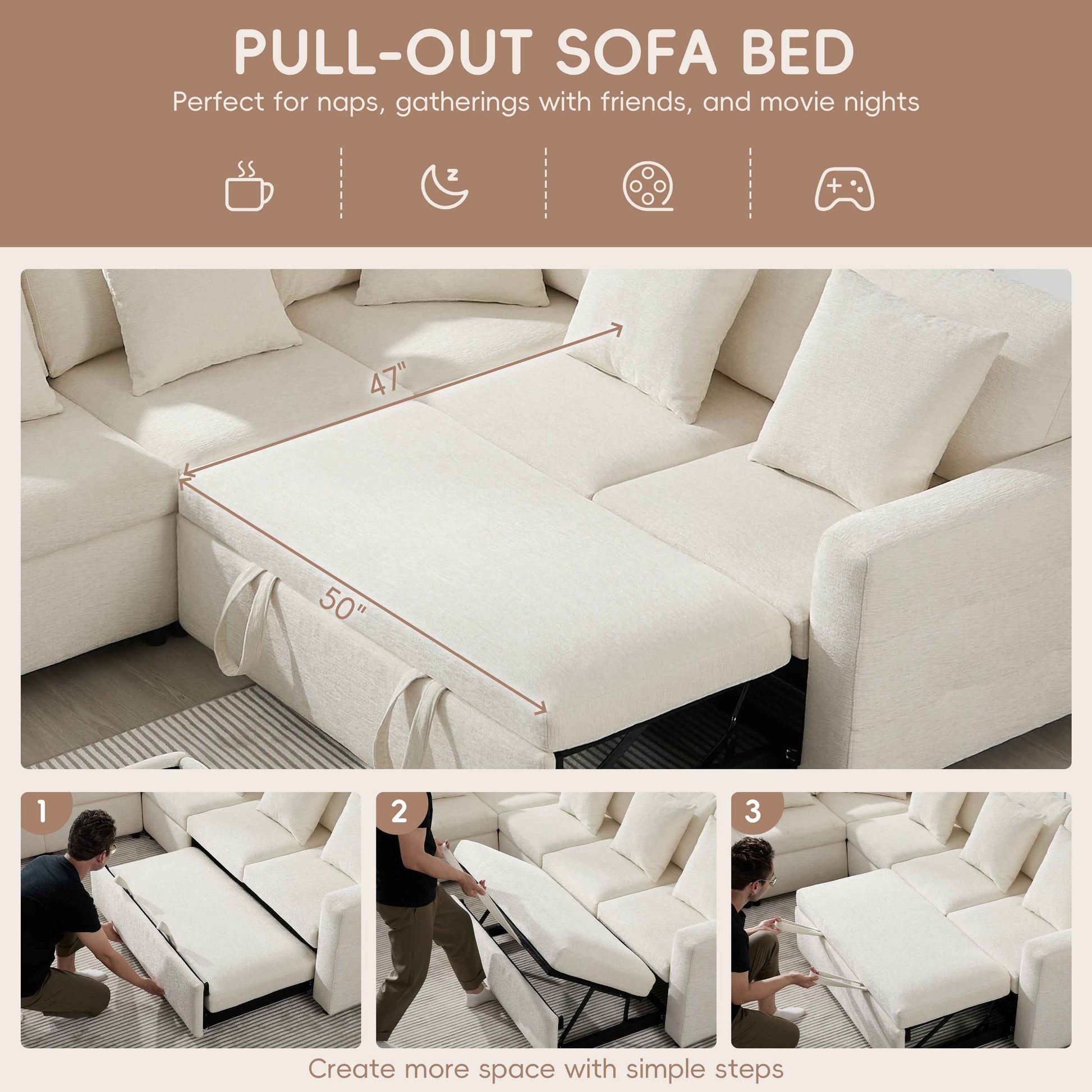 117*90'' Modular Sectional Pull-out Sofa Bed with Flip-up Table Panel, Reading Lamp, Charging Ports, Storage Ottoman, Tufted Design, 6 Pillows, Oversize & Free Combination, Chenille, 2 colors