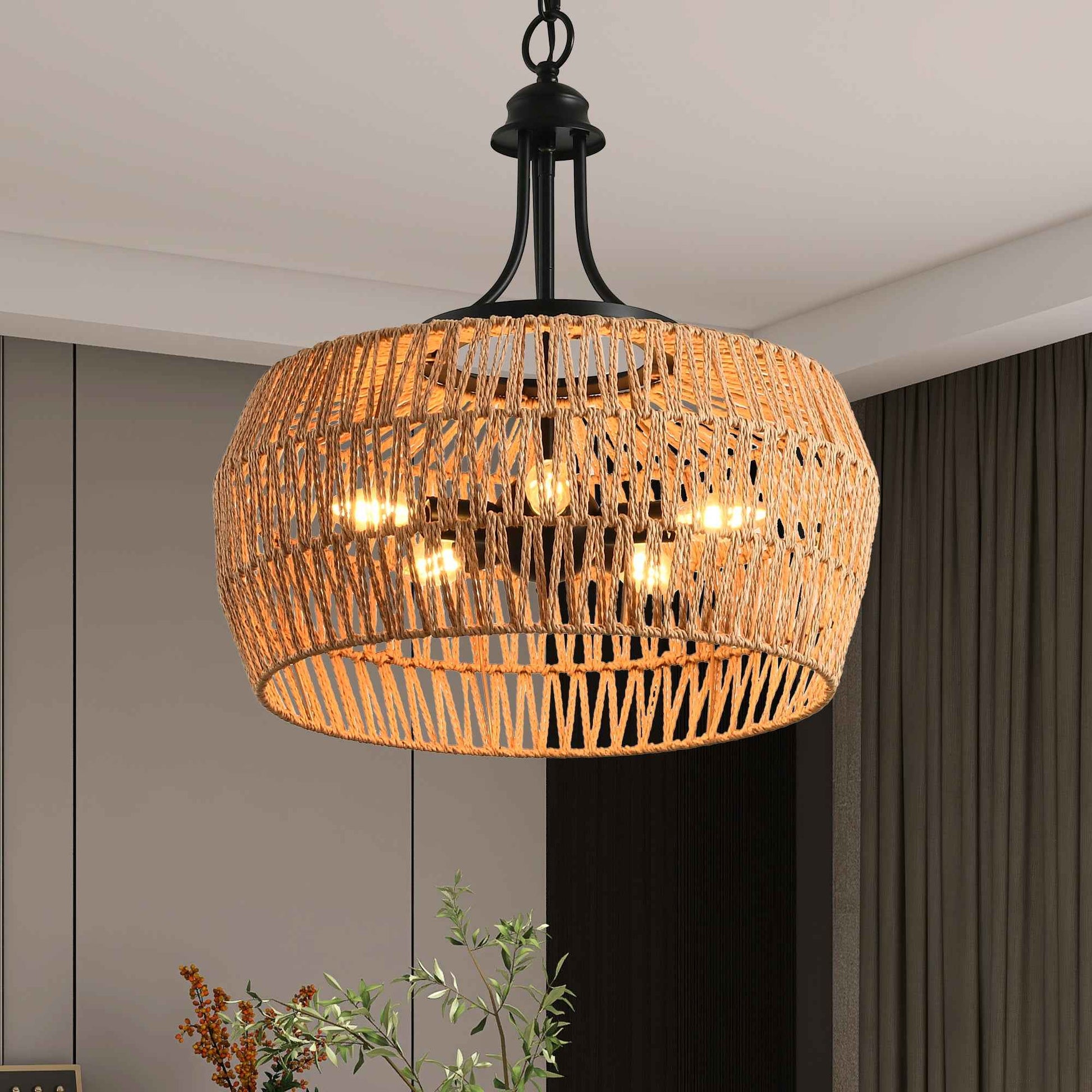 19' Boho Hemp Rope Pendant Light, Hand-Woven Jute Hanging Lamp with Adjustable Chain, Natural Rope Shade Ceiling Light Fixture for Kitchen Island, Dining Room, or Entryway (Bulb Not Included)