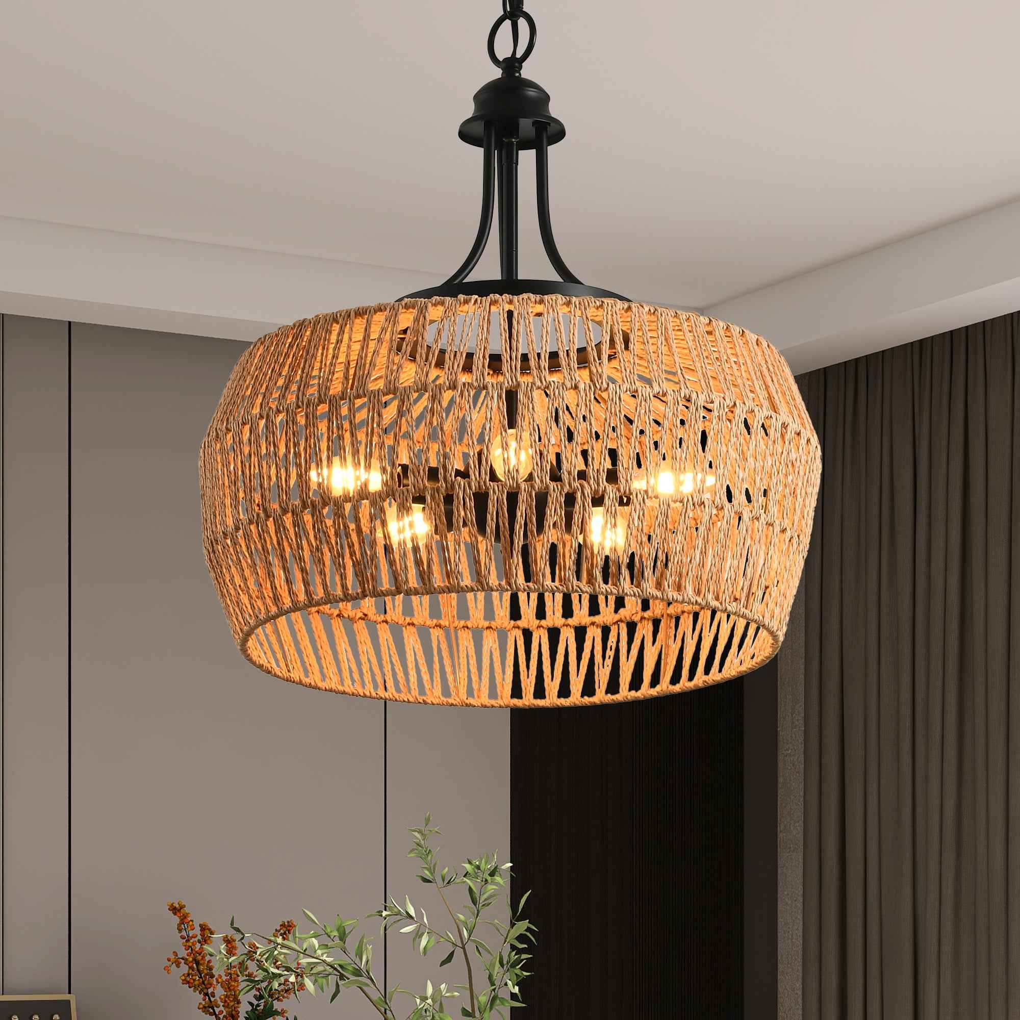 19' Boho Hemp Rope Pendant Light, Hand-Woven Jute Hanging Lamp with Adjustable Chain, Natural Rope Shade Ceiling Light Fixture for Kitchen Island, Dining Room, or Entryway (Bulb Not Included)