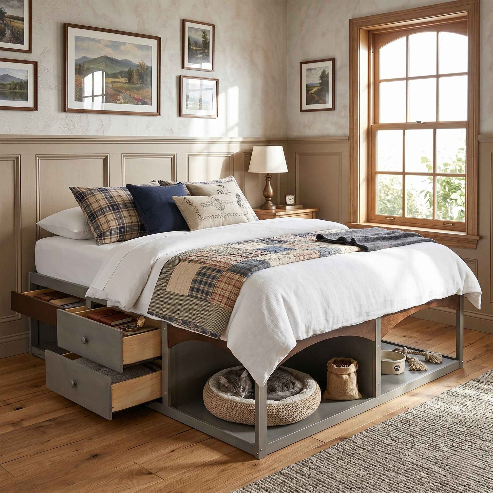 King Bed Frame with Storage Drawers, No Headboard Platform Bed, Pet-Friendly Design, No Box Spring Needed, Modern Minimalist Style-Antique Gray