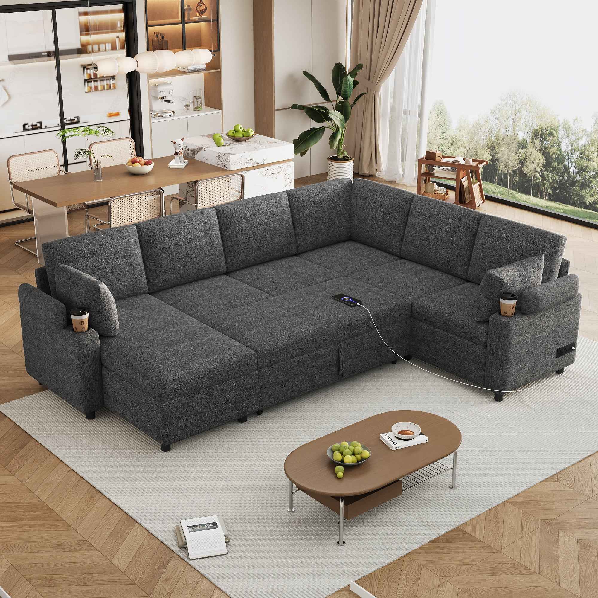 Versatile U-Shaped Sectional Sofa Bed with Storage, Cup Holders, Charging Ports in Grey Chenille