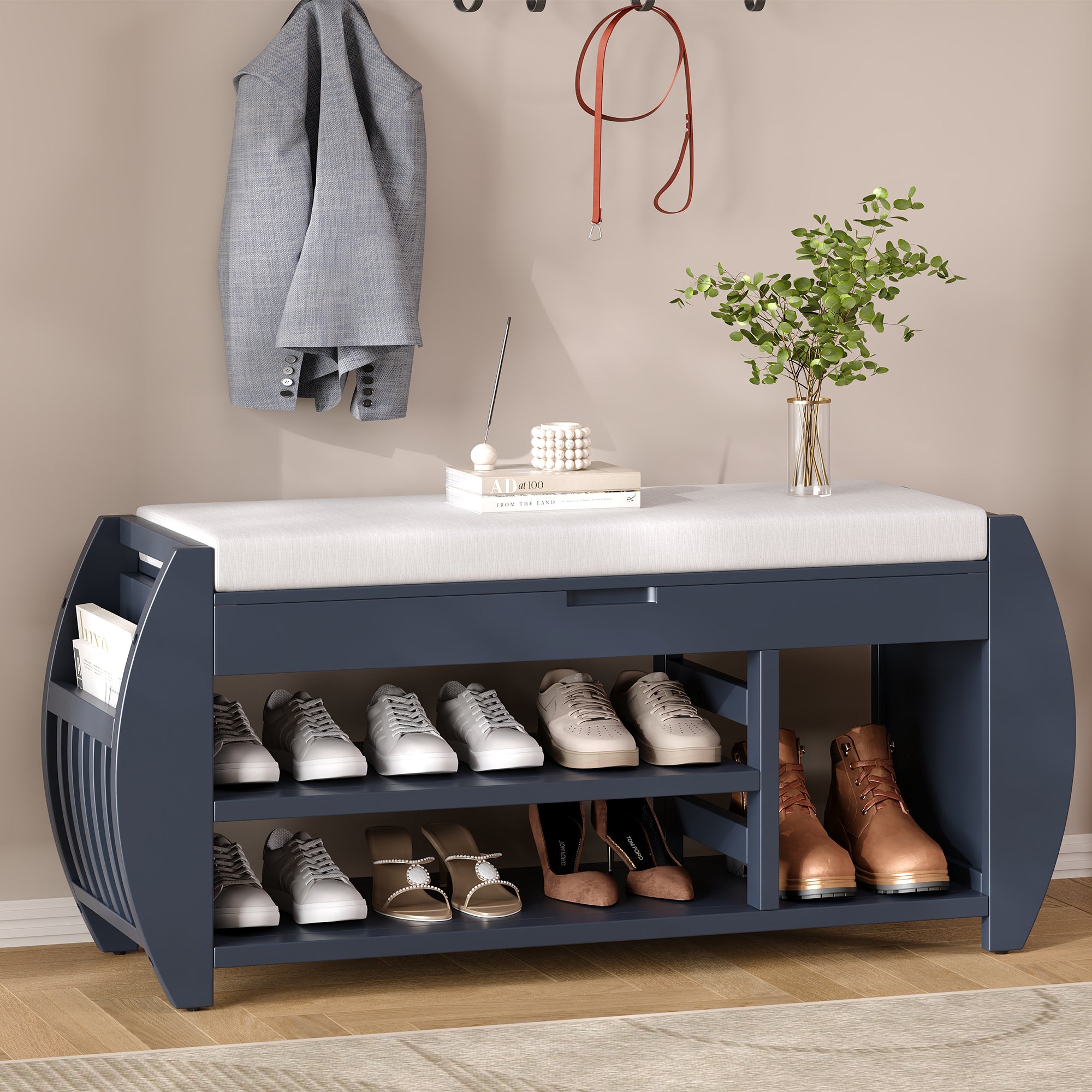 TREXM Retro Multifunctional Storage Bench with Cushion and Curved Side Panel for Entrance and Living Room (Antique Navy)