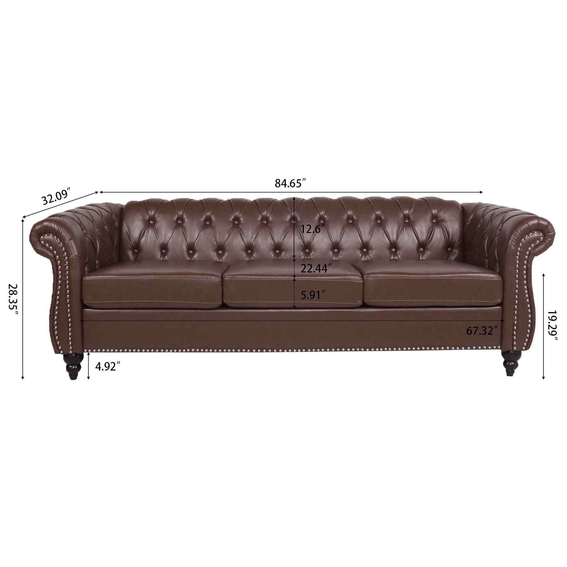 Dark Brown PU Rolled Arm Chesterfield Three Seater Sofa with Solid Wood Frame and Birch Legs