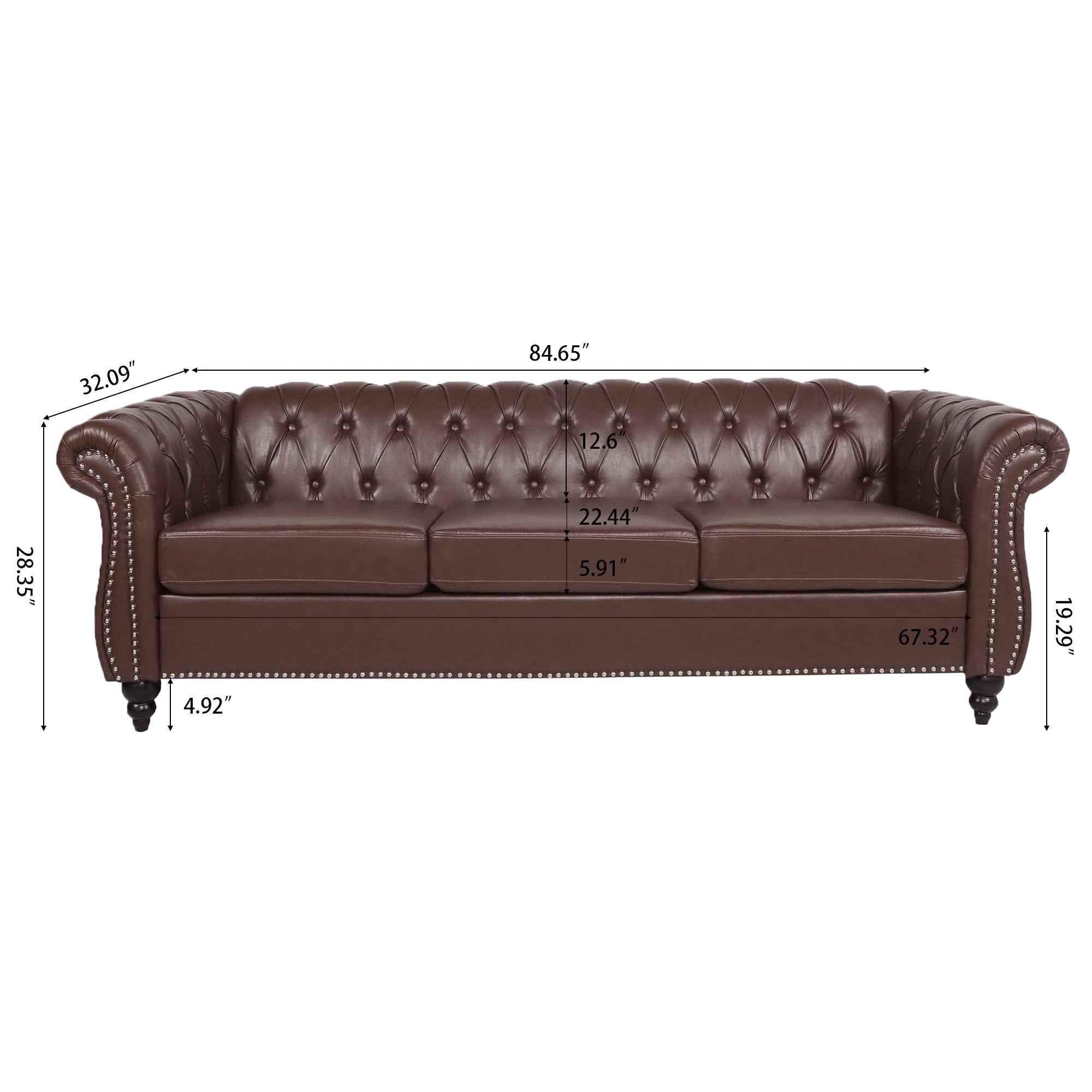 Dark Brown PU Rolled Arm Chesterfield Three Seater Sofa with Solid Wood Frame and Birch Legs