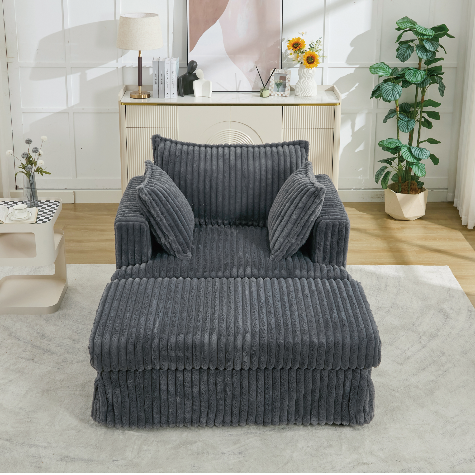 [NEW ARRIVED] 47.7'' Oversized Corduroy Chaise Longue with Ottoman,  Deep Seat  Reclining Chair Sofa, Comfy Thicked Upholstered Pad Chair ,with Foot Stool ,OVERSIZE, Movable Ottoman, Dark Gray