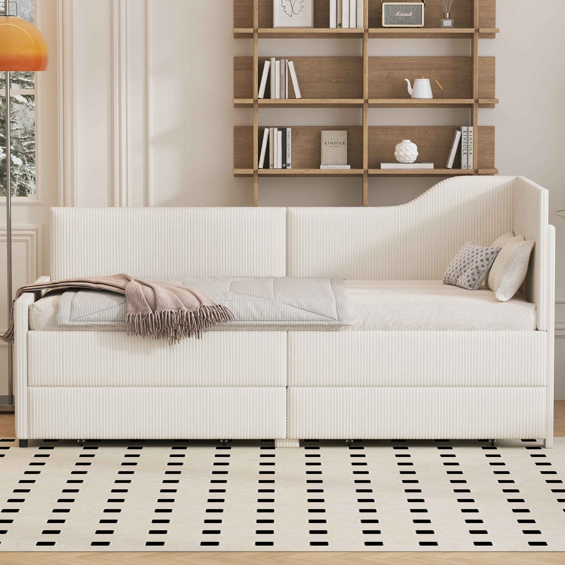 Twin Size L-Shaped Corduroy Daybed,Upholstered Bed Frame with  2 Storage Drawers, Beige