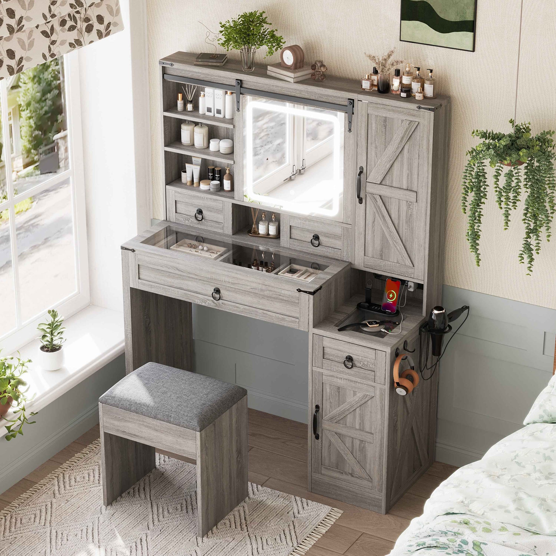Farmhouse Vanity Desk with Sliding Mirror and Lights, Vanity Set with Glass Top and Charging Station ,Dressing Table with 4 Drawers and 2 Cabinets, Dressing Table with Stool for Bedroom, Gray