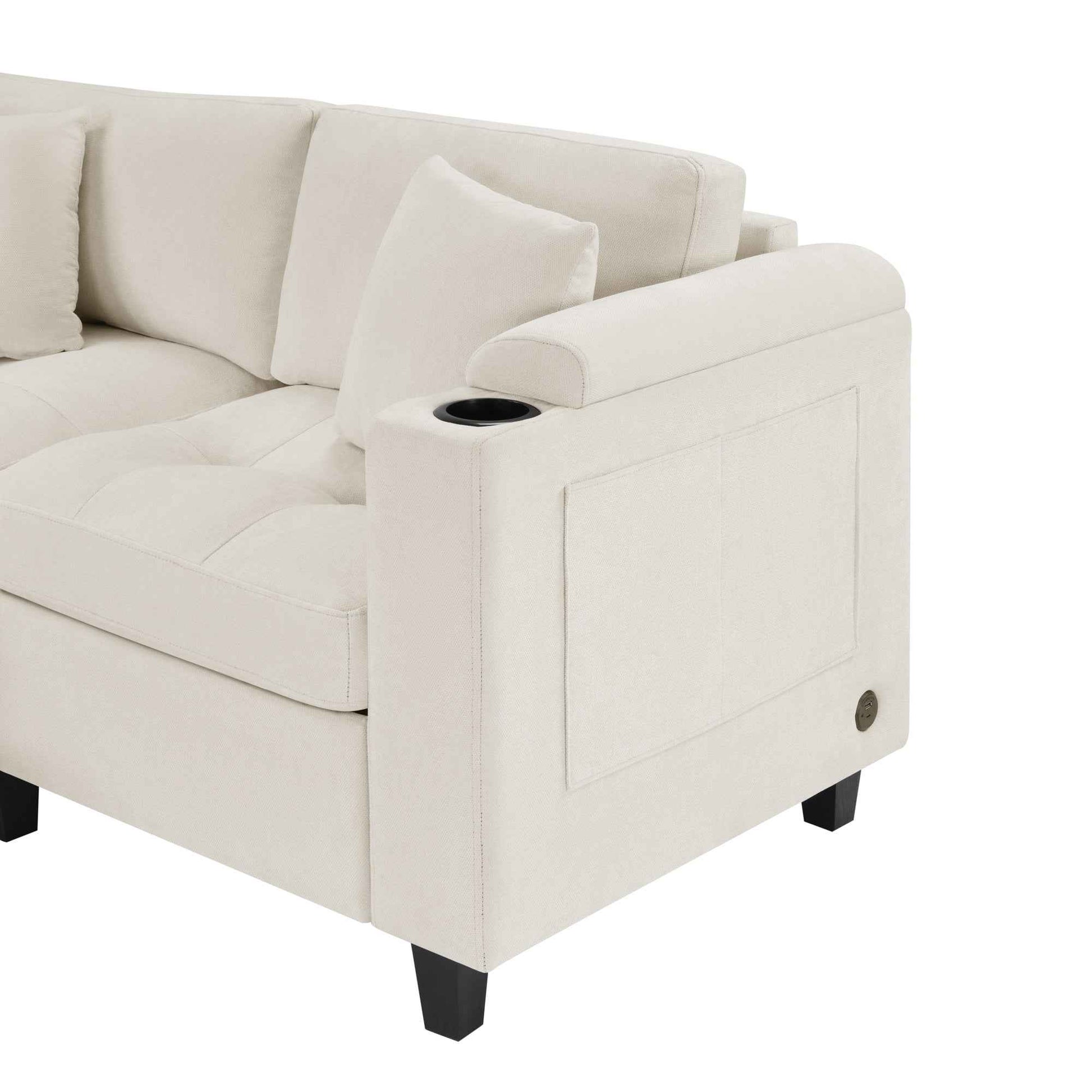 Modern U-shaped Sectional Sofa 115.7' with Built-in Cup Holders, Storage, USB Ports in Beige Chenille Fabric