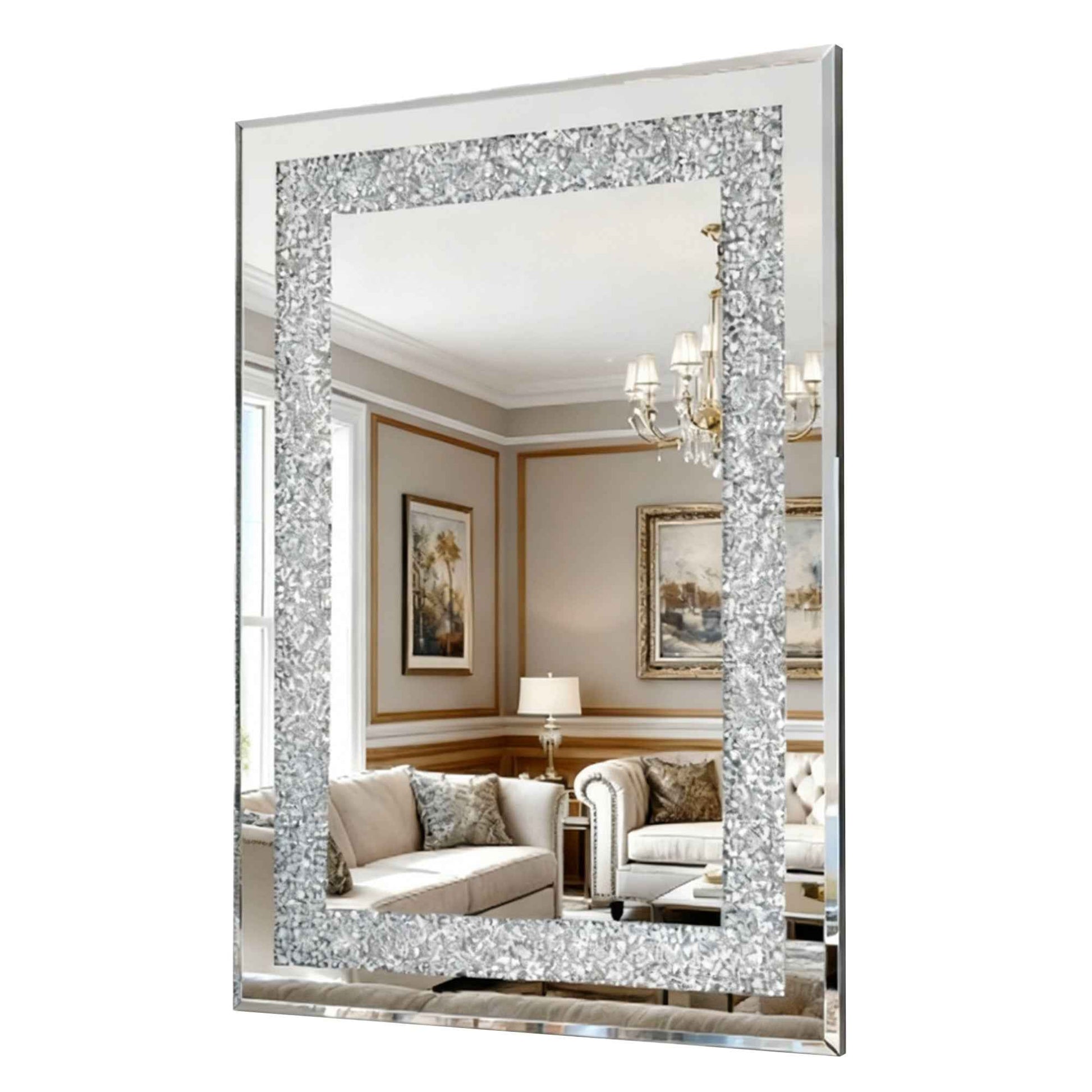 Crystal Crush Diamond Rectangle Silver Mirror for Wall, Large 36x24 Inch Modern Decorative Hanging Mirror with Beveled Edge, for Living Room, Bedroom, Entryway