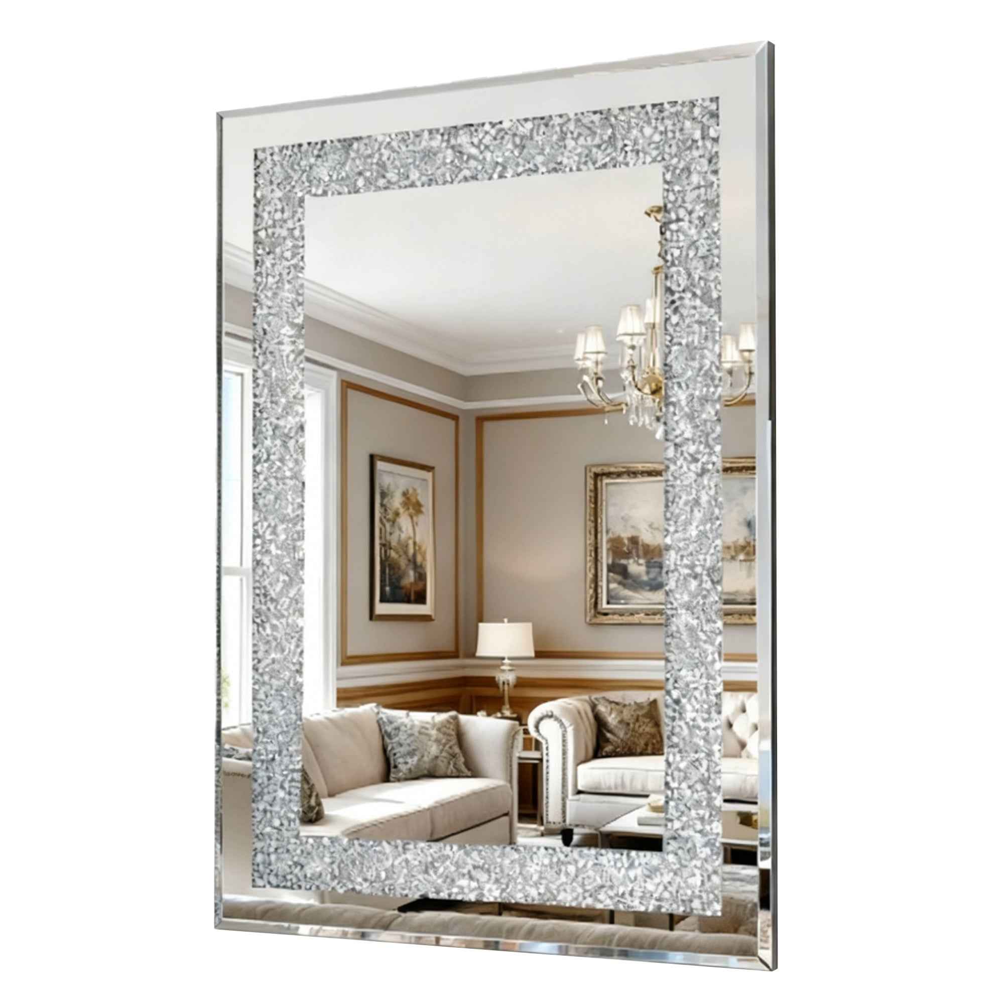 Crystal Crush Diamond Rectangle Silver Mirror for Wall, Large 36x24 Inch Modern Decorative Hanging Mirror with Beveled Edge, for Living Room, Bedroom, Entryway