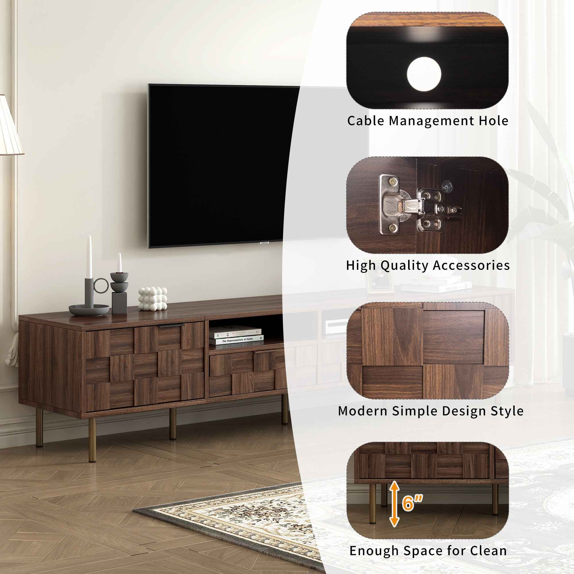 Mid Century TV Stand with 2 Drawers in Dark Brown, Media Console Table for TVs up to 85'', Made of Particle Board and MDF, 78.7'' x 15.7'' x 17.7''