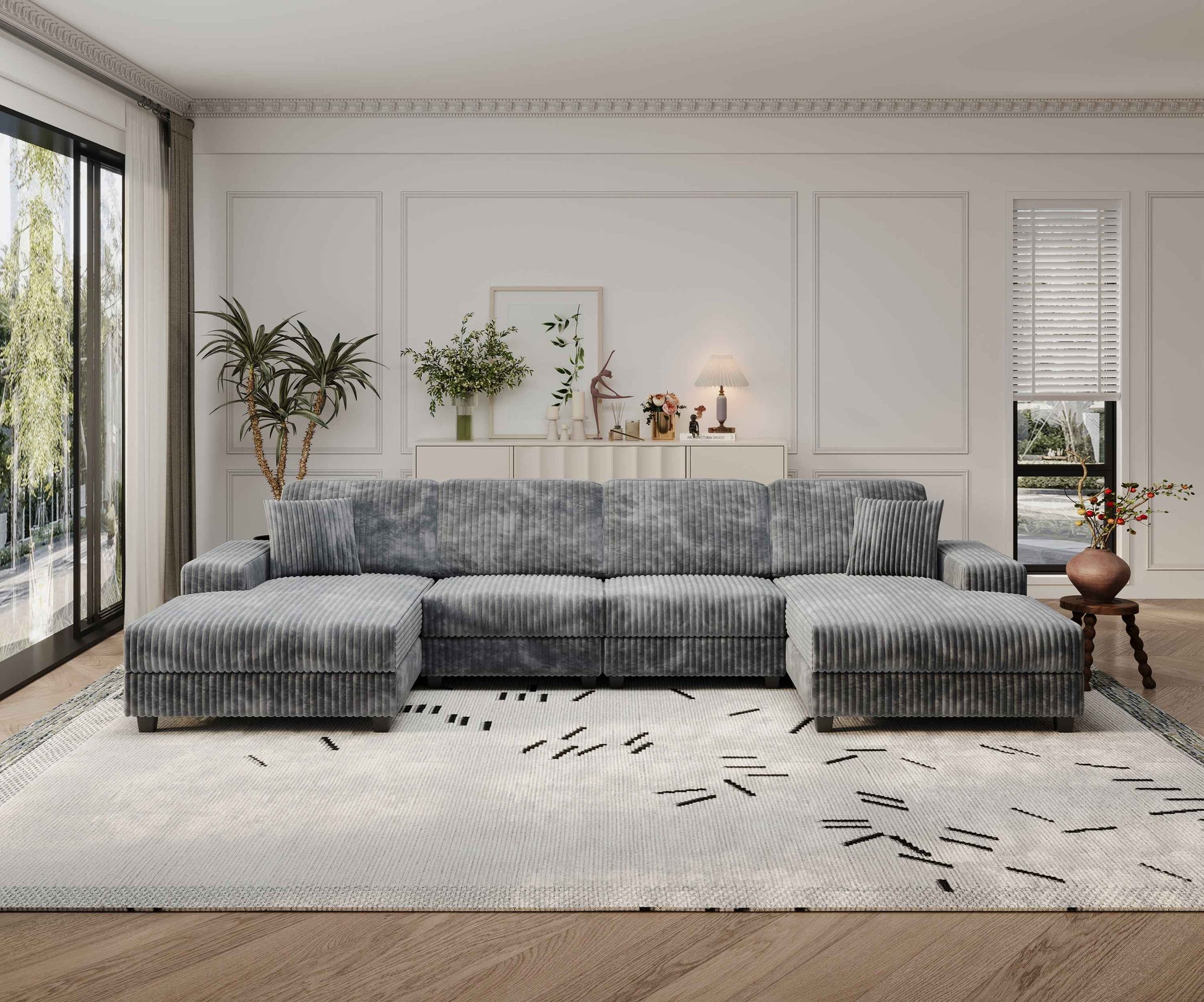 Convertible U-shaped Combination Sofa, Corduroy Fabric, Modern Comfortable Large Size 4 Seat Sofa, Living Room Double Lounge Chair , Dark Grey