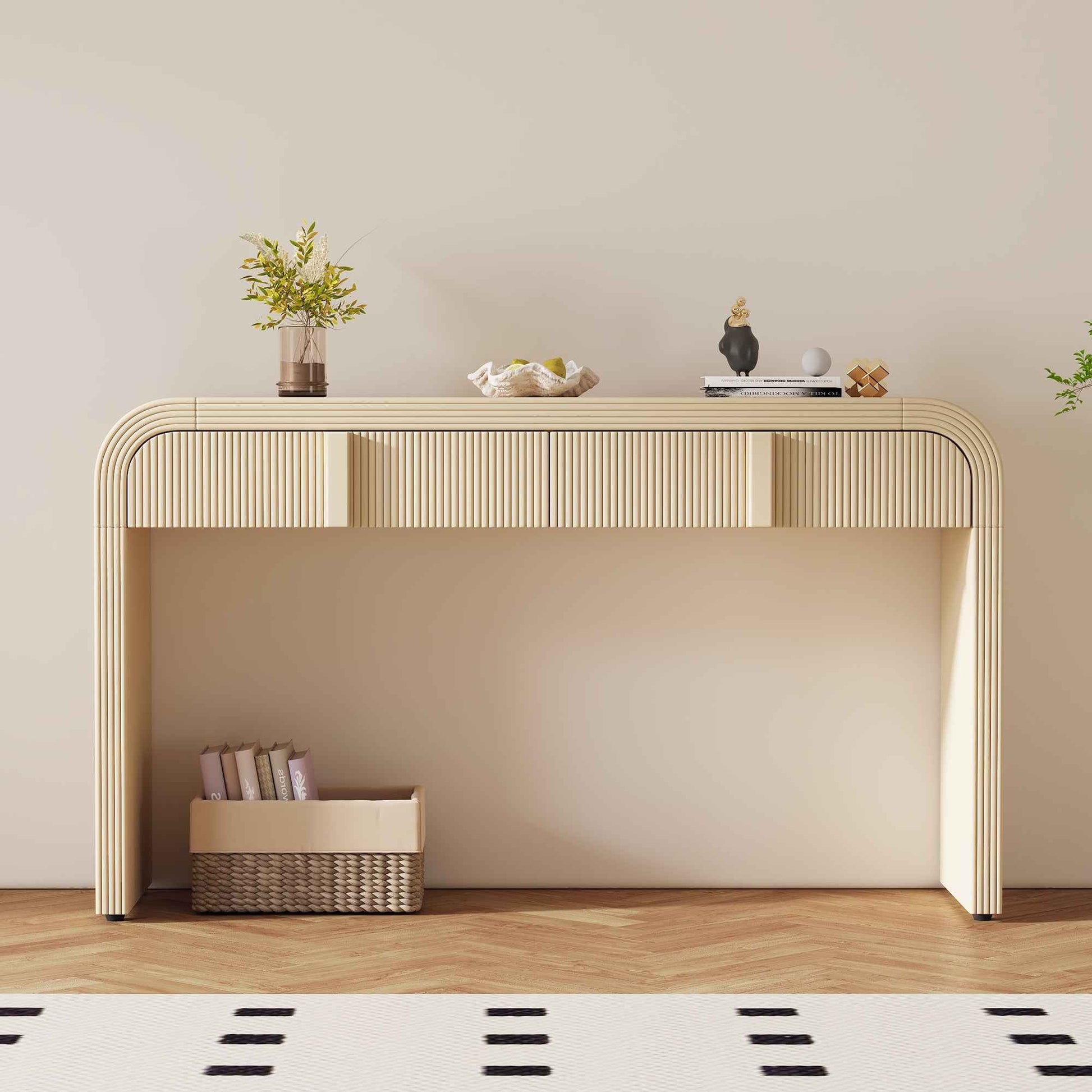 TREXM Modern Console Table with 2 Storage Drawers, Fluted Entryway Table with Rounded Silhouette for Hallway Living Room and Entryway (Apricot Cream)