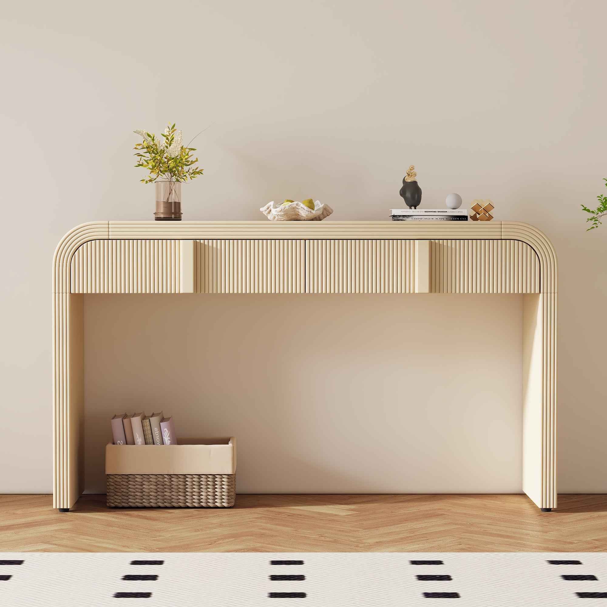 TREXM Modern Console Table with 2 Storage Drawers, Fluted Entryway Table with Rounded Silhouette for Hallway Living Room and Entryway (Apricot Cream)