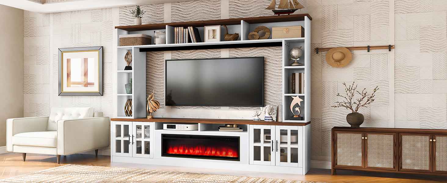 U-Can 95.5' W Wall Unit Entertainment Center with Bookshelves for TVs up to 80', Modern TV Stand Media Console with electric fireplace  Cabinets,  and Adjustable Shelves for Living Room