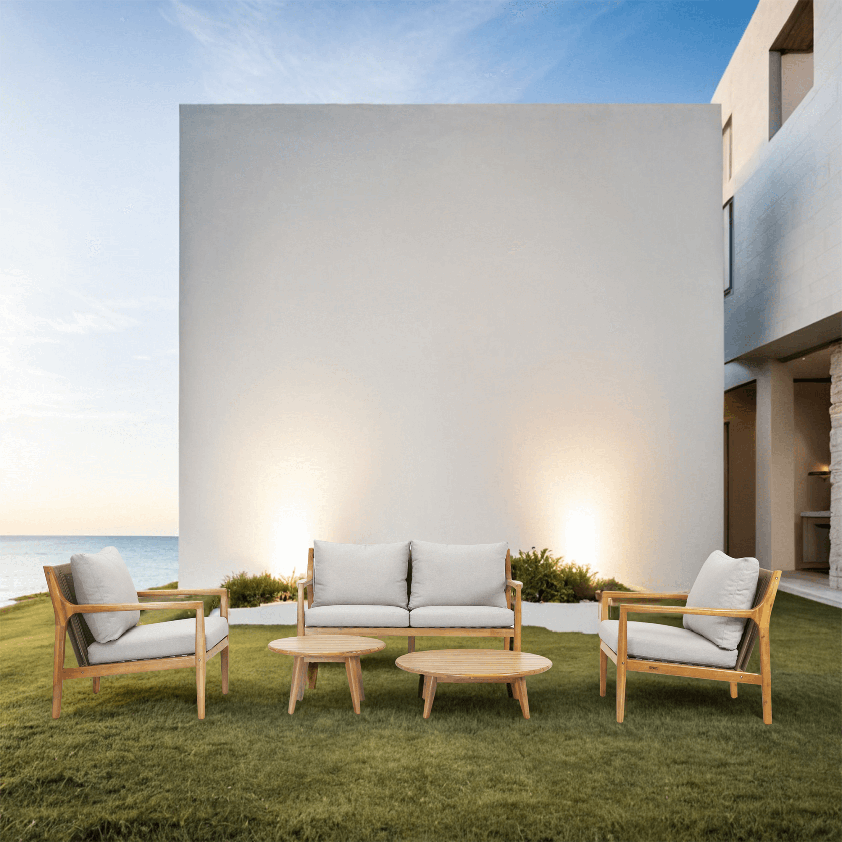 5-Piece Solid Acacia Wood Outdoor Sofa Set(PAS-2513-2SC+SC*2+TA+ST) - Abrihome