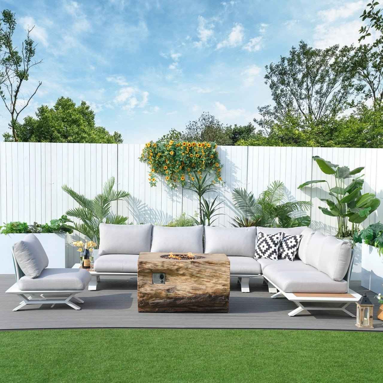 6-Seat Corner Sofa Set with TerraFlame Rectangular Fire Pit Table (PAS-2323WH+2170BR)