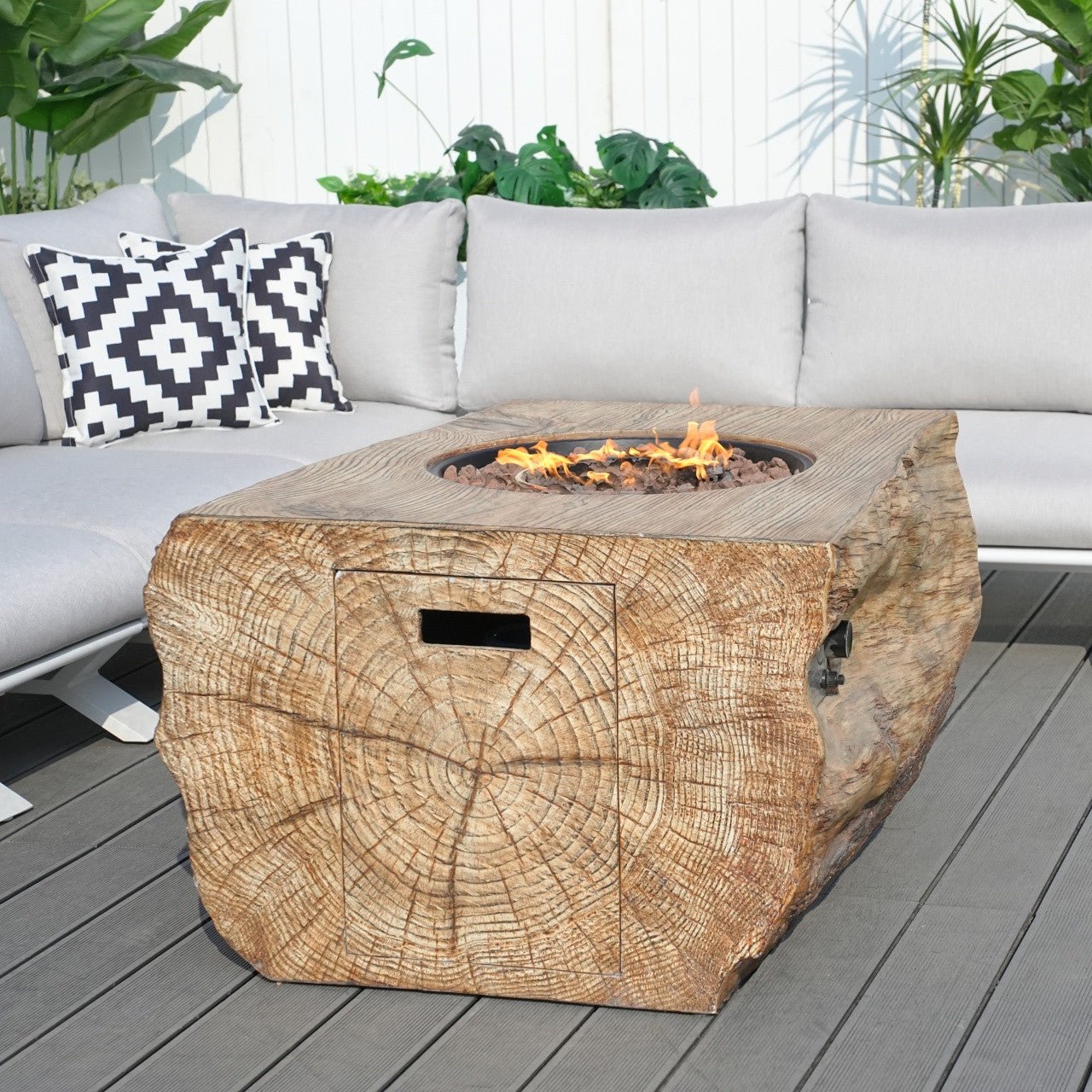 6-Seat Corner Sofa Set with TerraFlame Rectangular Fire Pit Table (PAS-2323WH+2170BR) - Direct Wicker